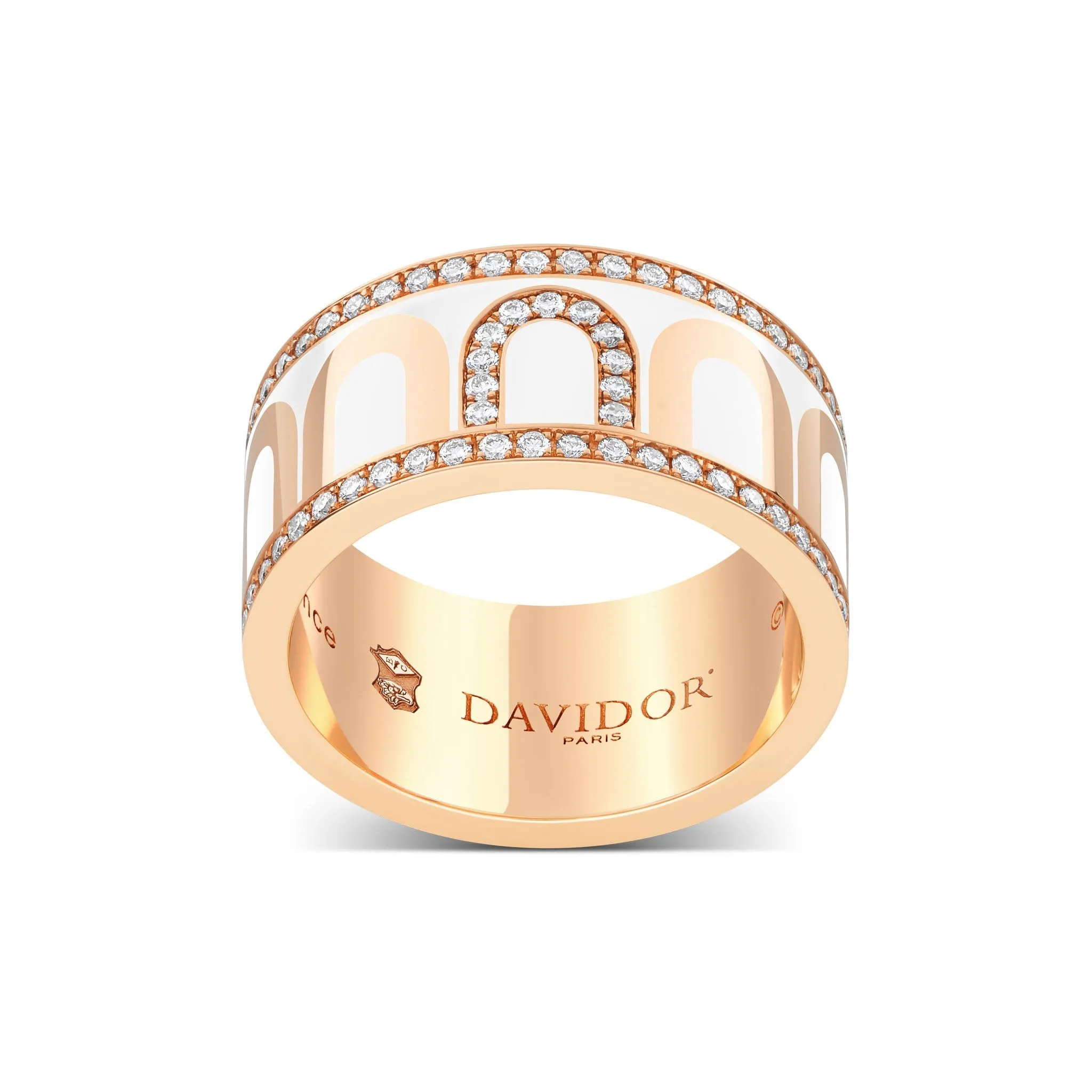 L'Arc de DAVIDOR Ring GM, 18k Rose Gold with Neige Lacquered Ceramic and Porta Diamonds