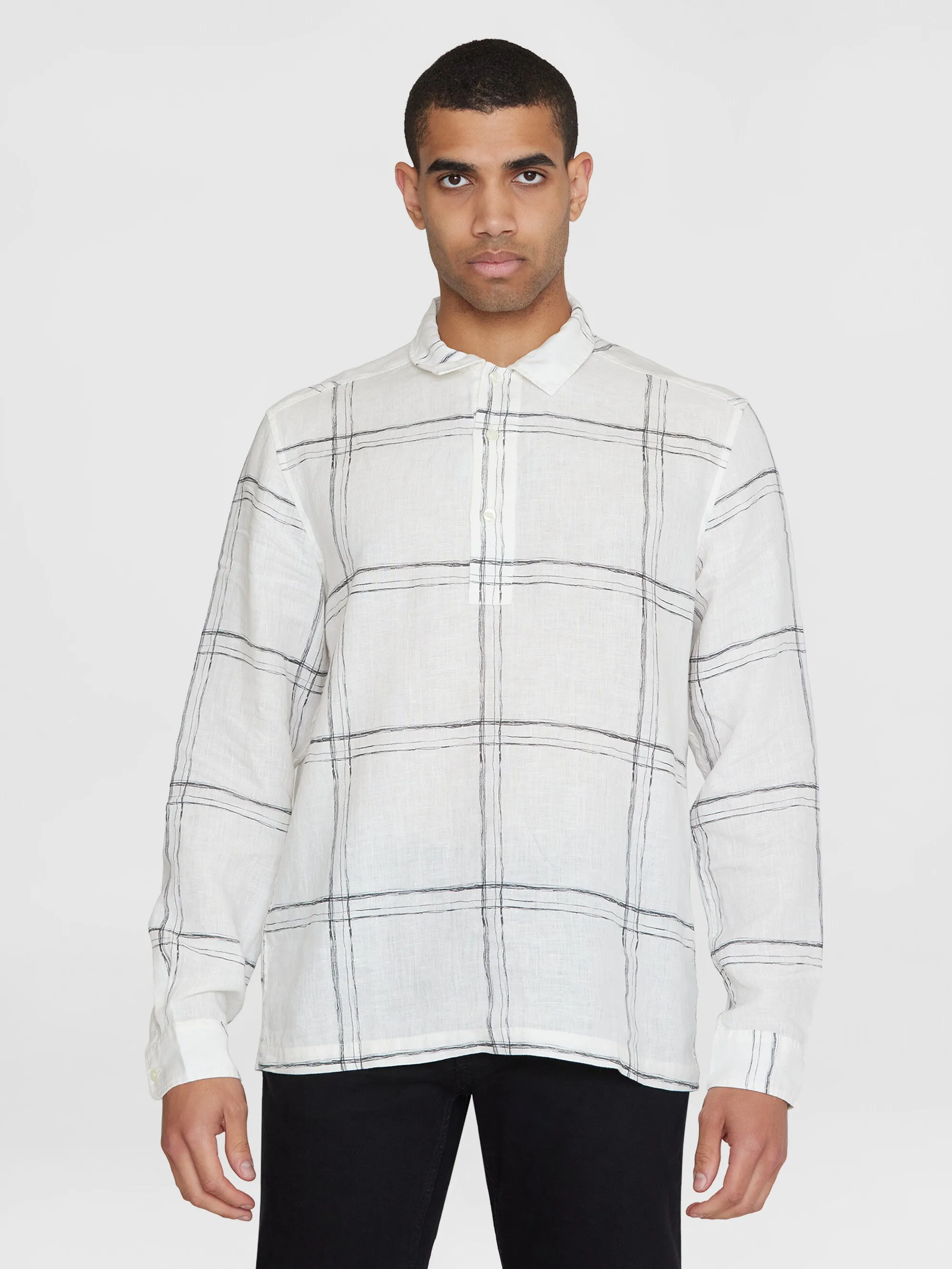 Loose linen printed polo shirt - GOTS/Vegan - White check