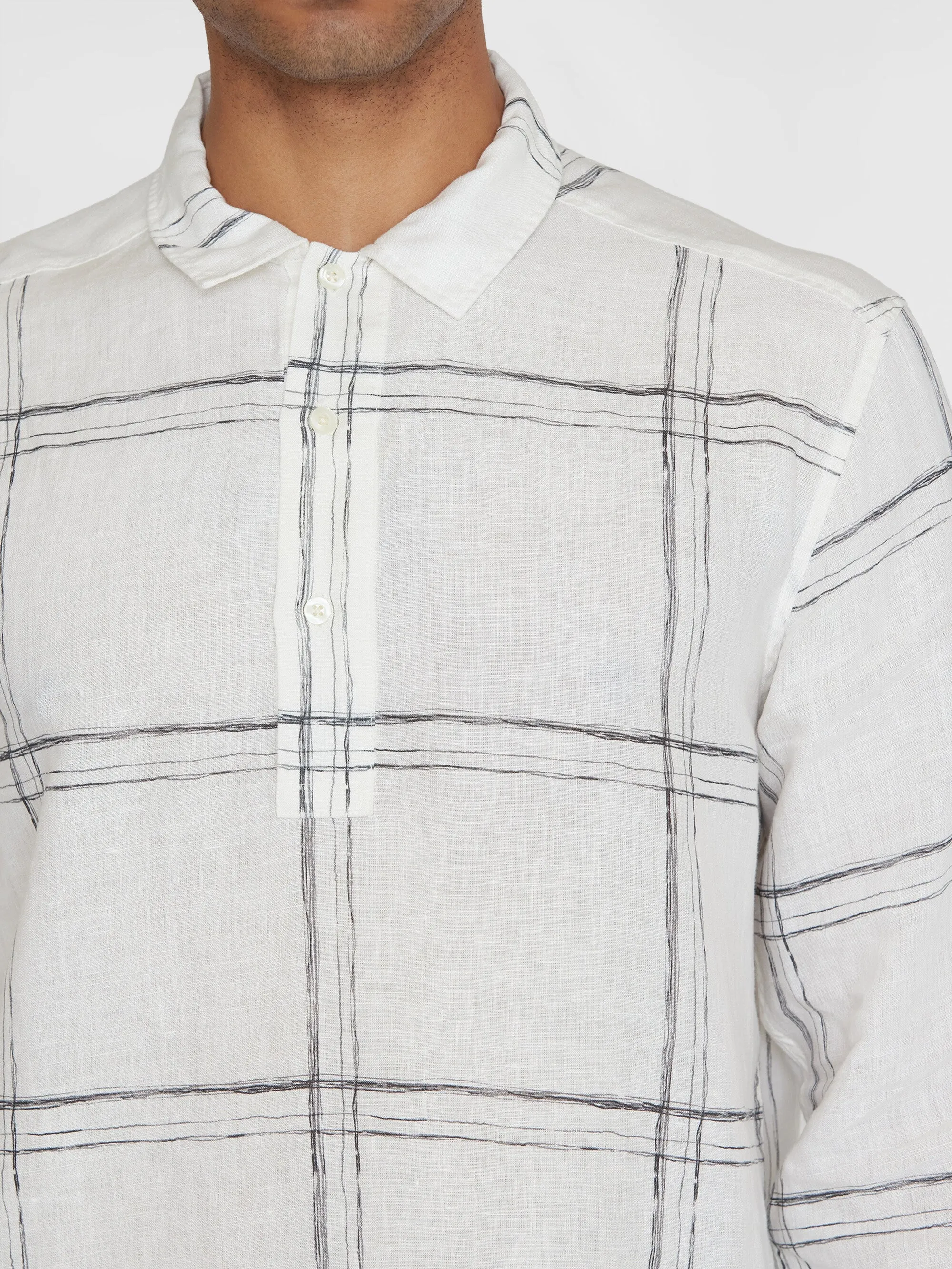 Loose linen printed polo shirt - GOTS/Vegan - White check