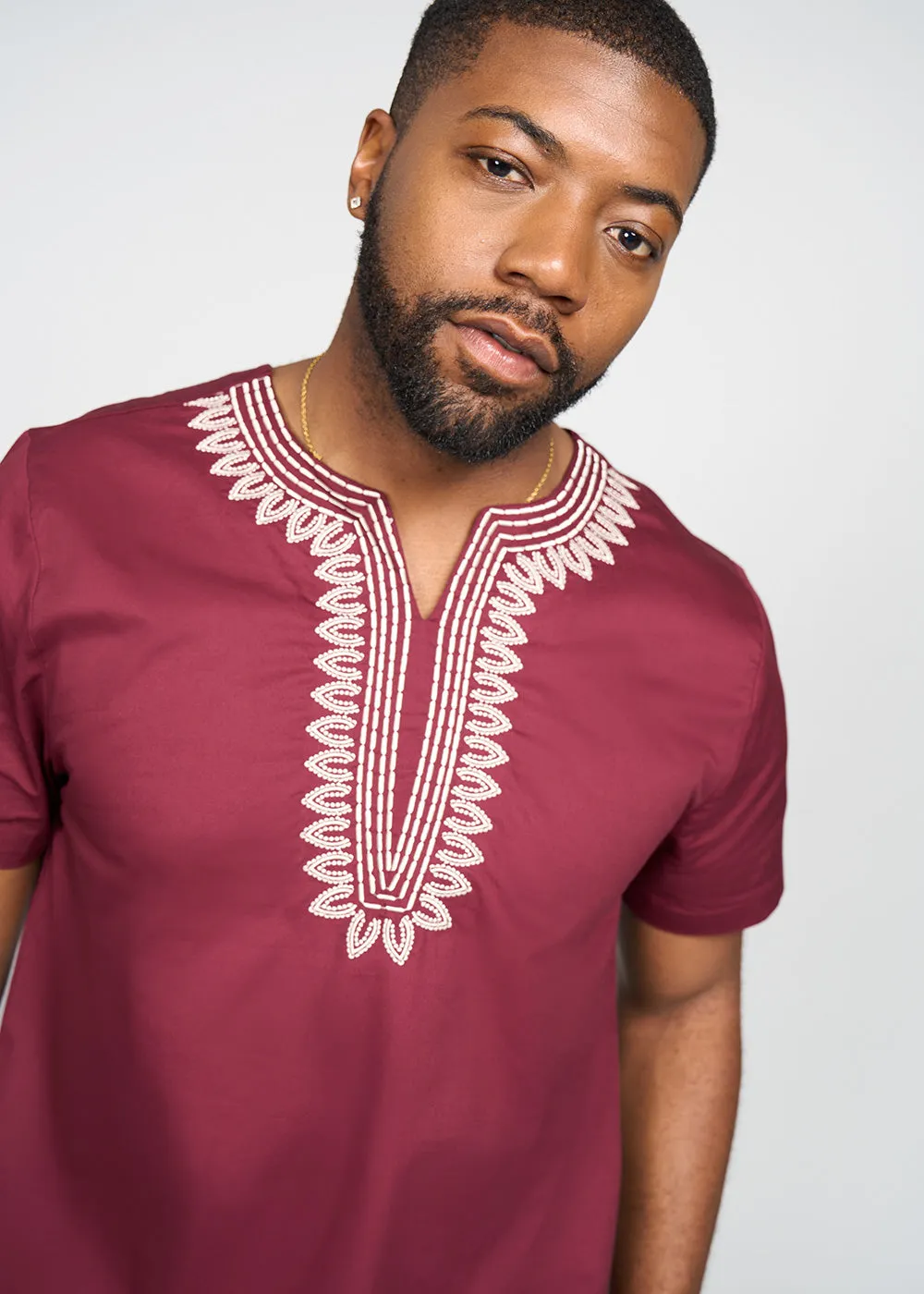 Lubanzi Men's African Embroidered Tunic (Maroon)