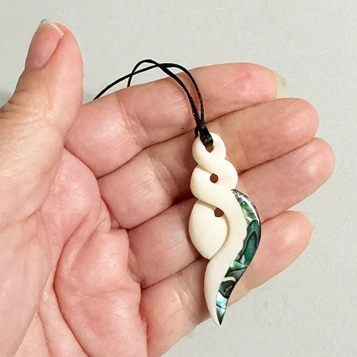 Maori Bone Double Twist Necklace with Paua Tail