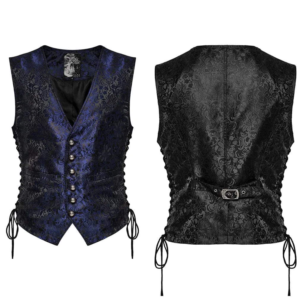 Men's Gothic Floral Jacquard Lace-up Black Blue Vest