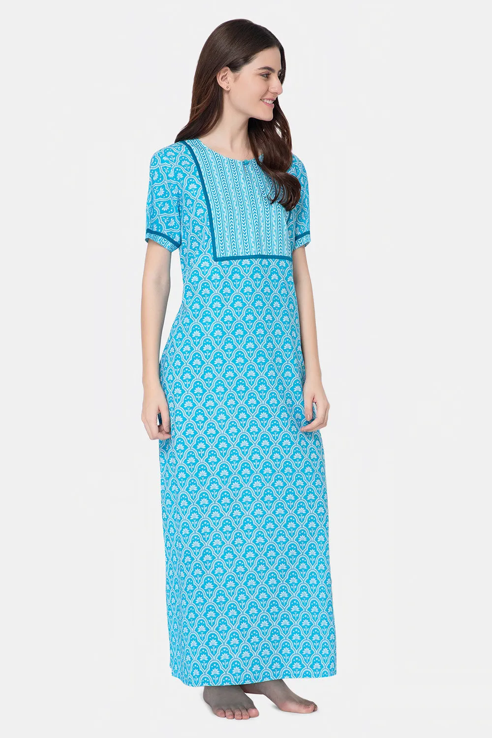 Naidu Hall Round Neck Half Sleeve Pull-On Nighty - Blue - NT20