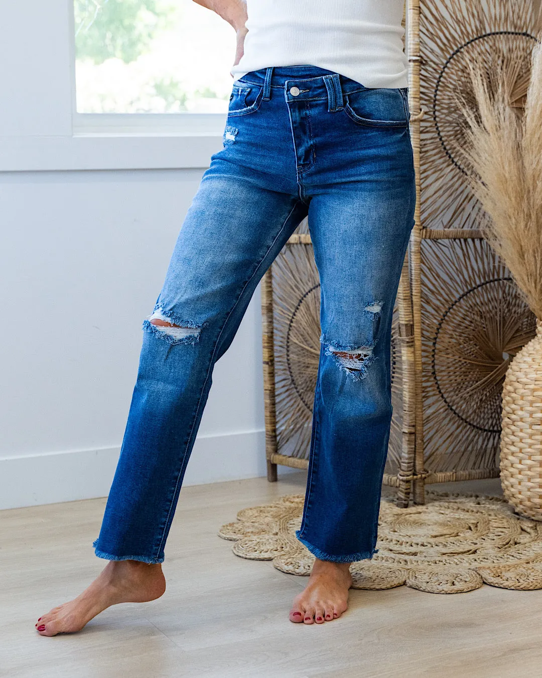 NEW! KanCan Jessica Crossover Waist Distressed Straight Jeans