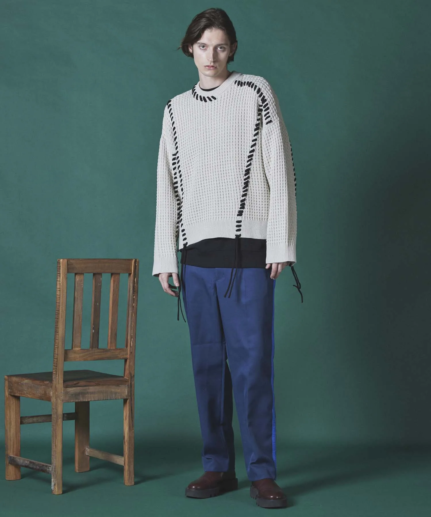 Oni-Waffle Crazy Stitch Embroidery Prime-Over Crew Neck Knit Pullover