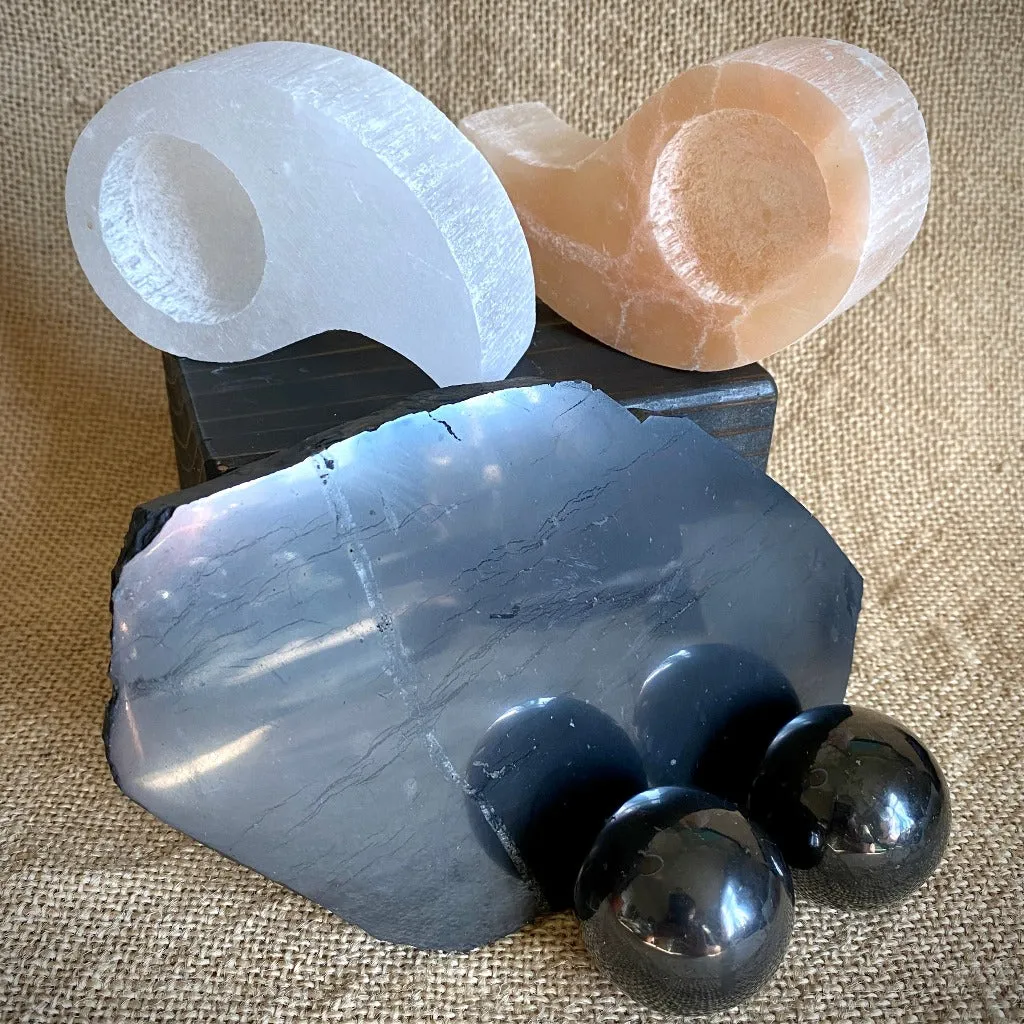 Orange & White Selenite Yin Yang with 2 Shungite Spheres on Shungite Base