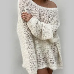 Oversized Boat Neck Drop Shoulder Crochet Open Knit Pullover Sweater