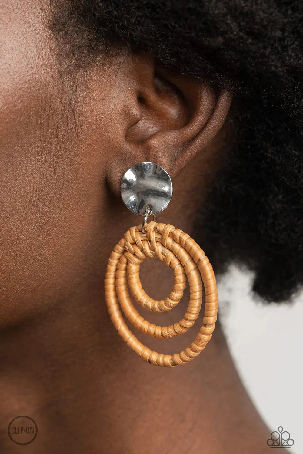 PAPARAZZI WHIMSICALLY WICKER BROWN CLIP ON EARRINGS