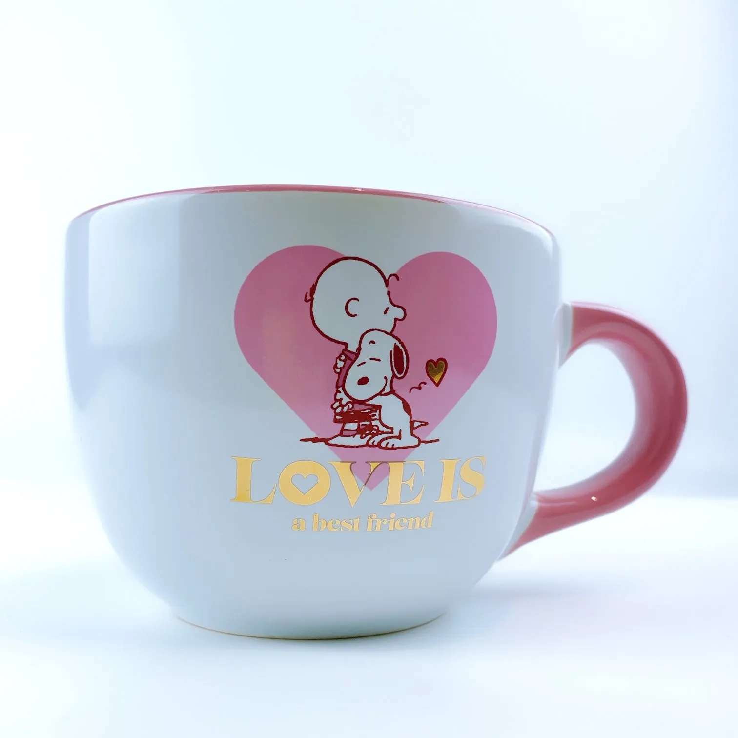 Peanuts Snoopy & Charlie Brown Hugging 'Love Is' Ceramic Big Pink Coffee Mug Cup 24 oz