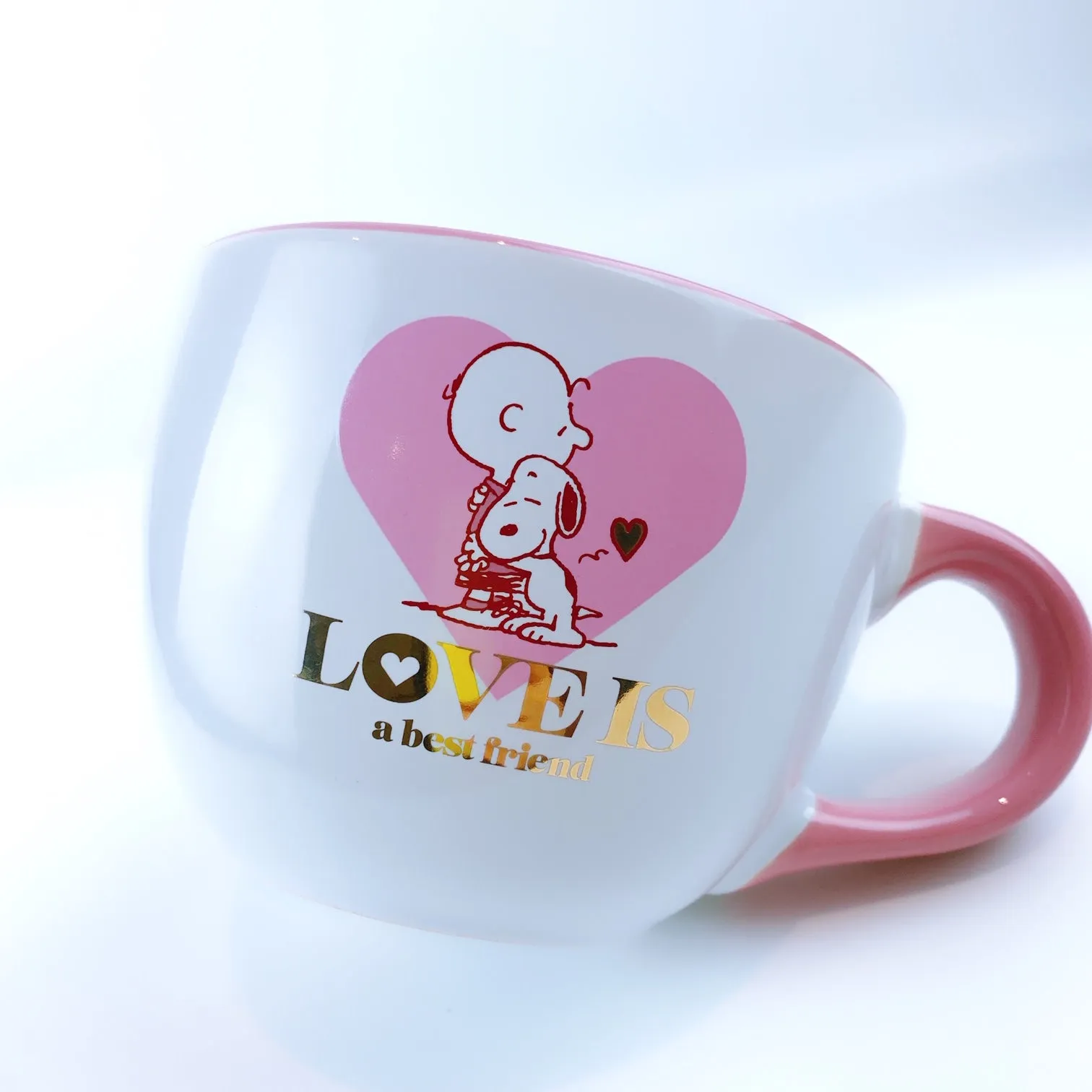 Peanuts Snoopy & Charlie Brown Hugging 'Love Is' Ceramic Big Pink Coffee Mug Cup 24 oz