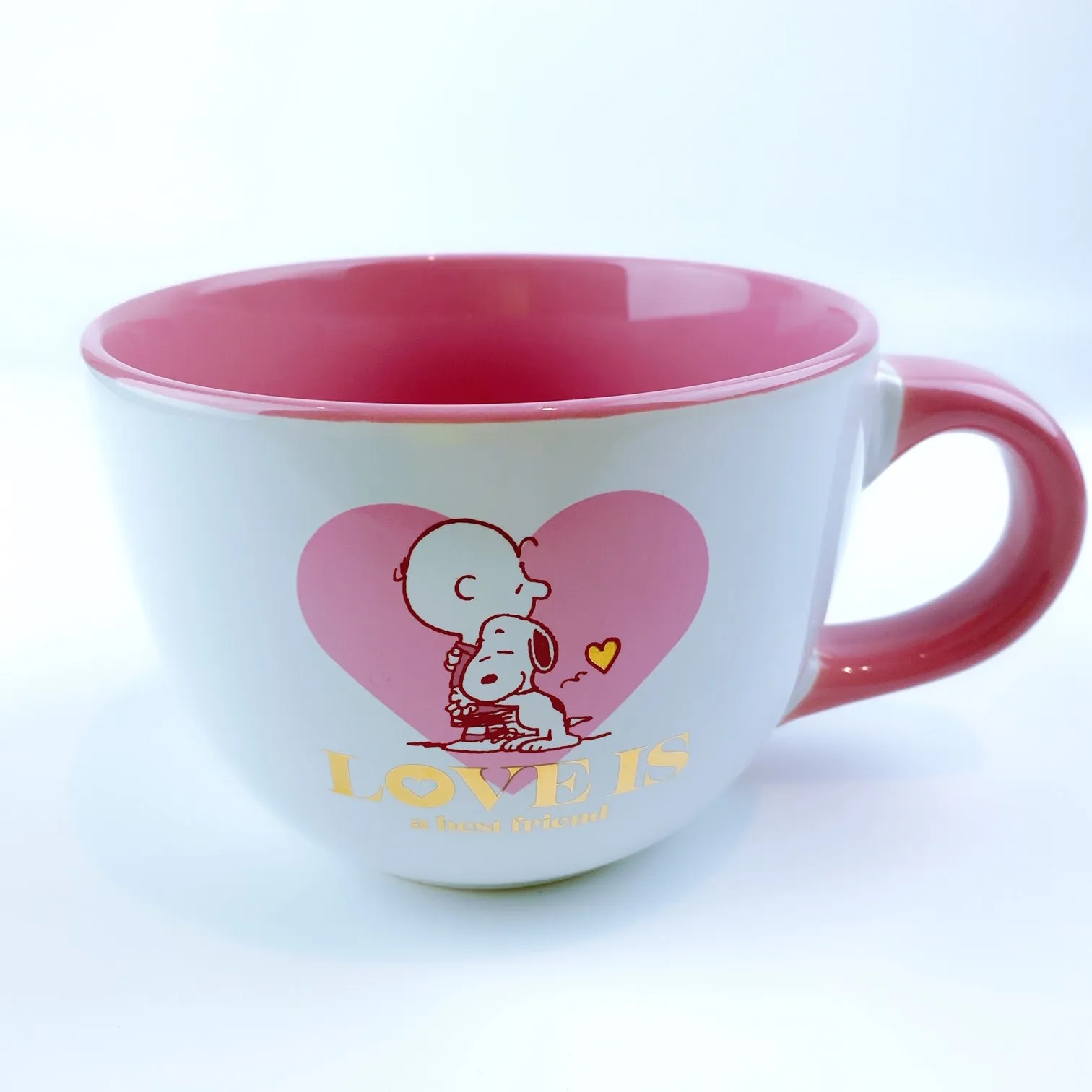 Peanuts Snoopy & Charlie Brown Hugging 'Love Is' Ceramic Big Pink Coffee Mug Cup 24 oz