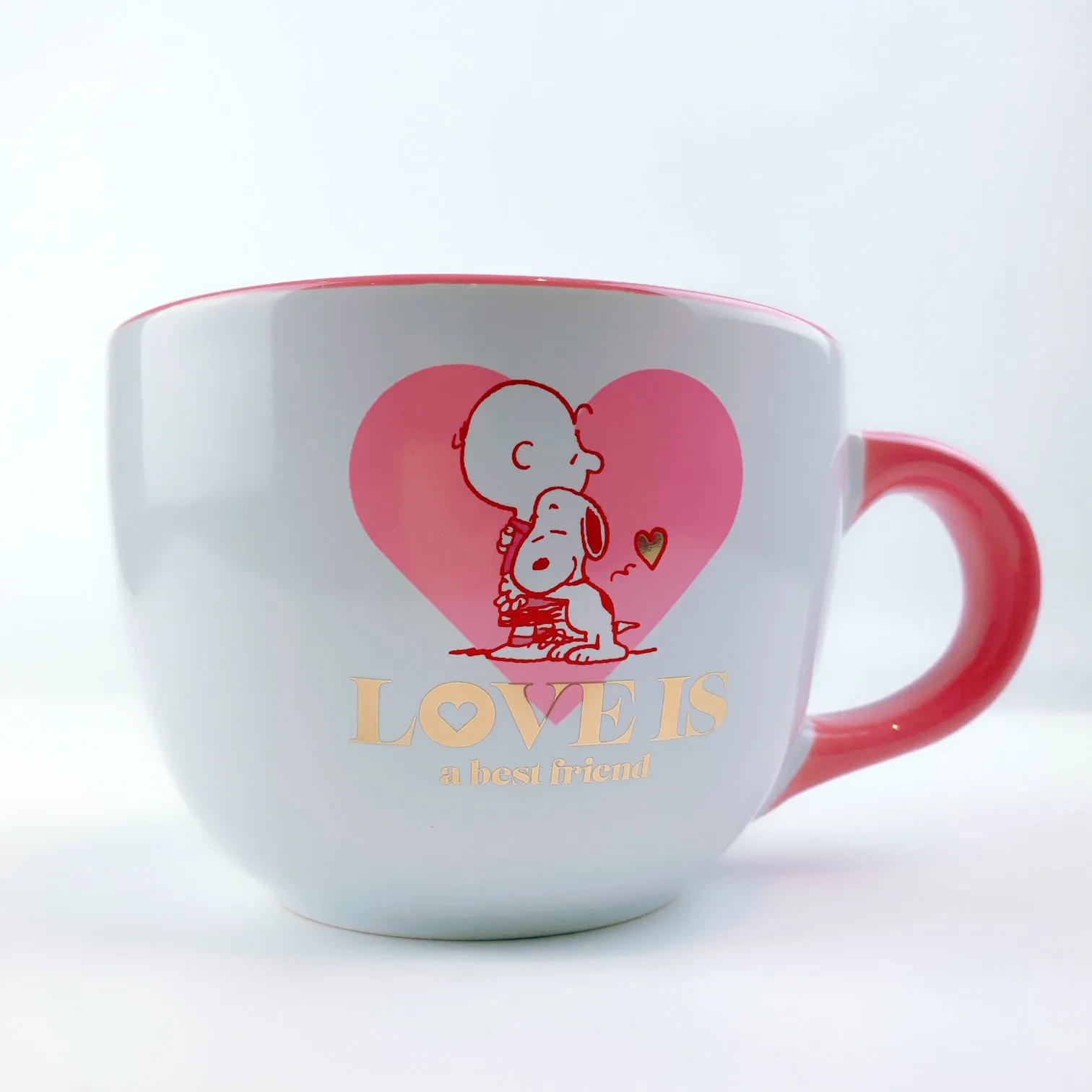 Peanuts Snoopy & Charlie Brown Hugging 'Love Is' Ceramic Big Pink Coffee Mug Cup 24 oz