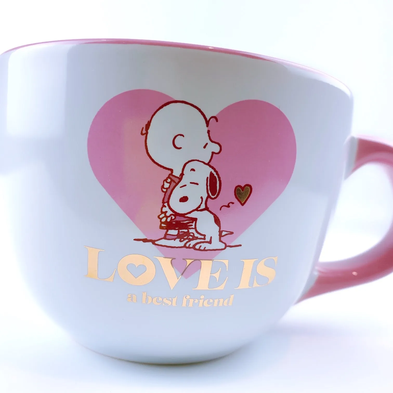 Peanuts Snoopy & Charlie Brown Hugging 'Love Is' Ceramic Big Pink Coffee Mug Cup 24 oz