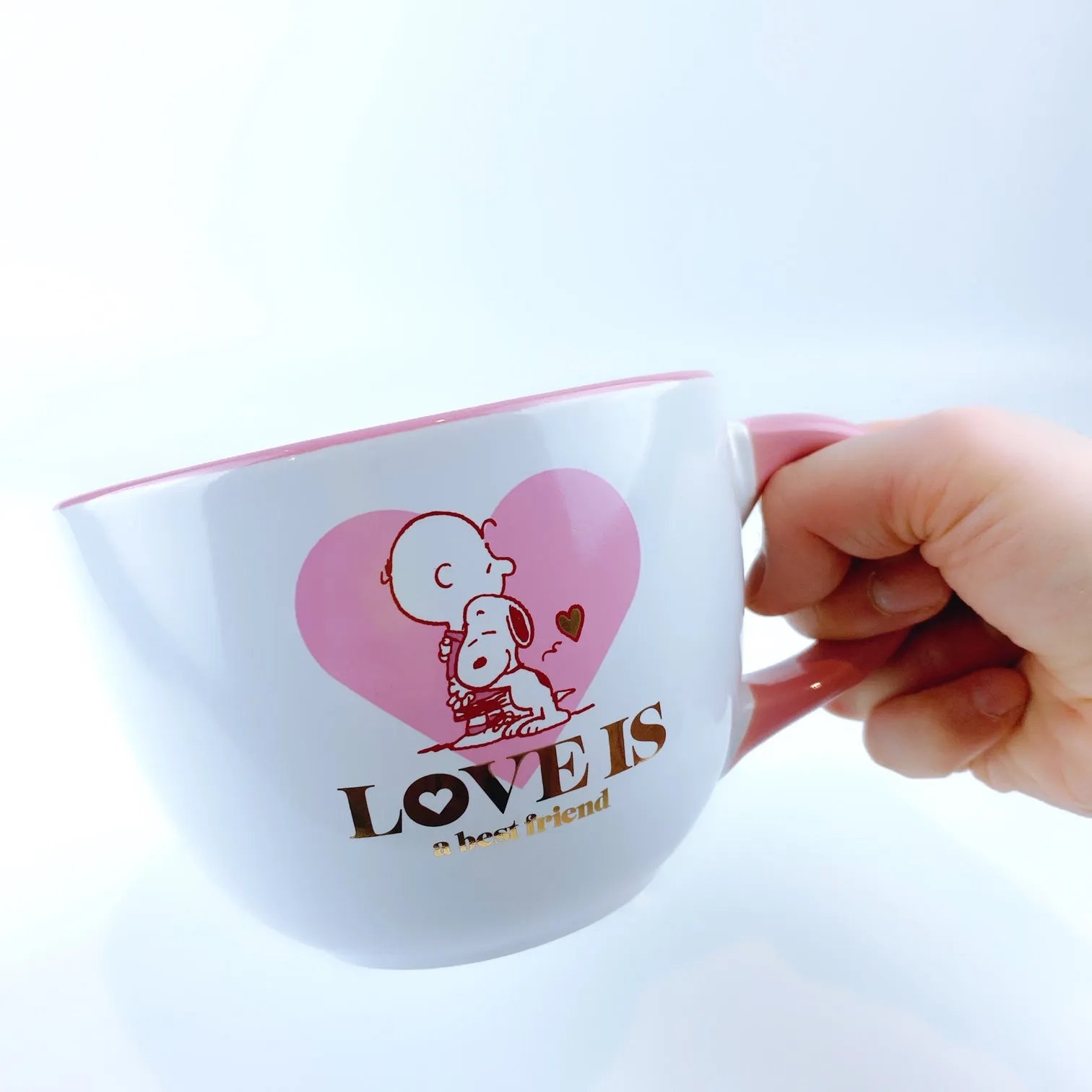 Peanuts Snoopy & Charlie Brown Hugging 'Love Is' Ceramic Big Pink Coffee Mug Cup 24 oz