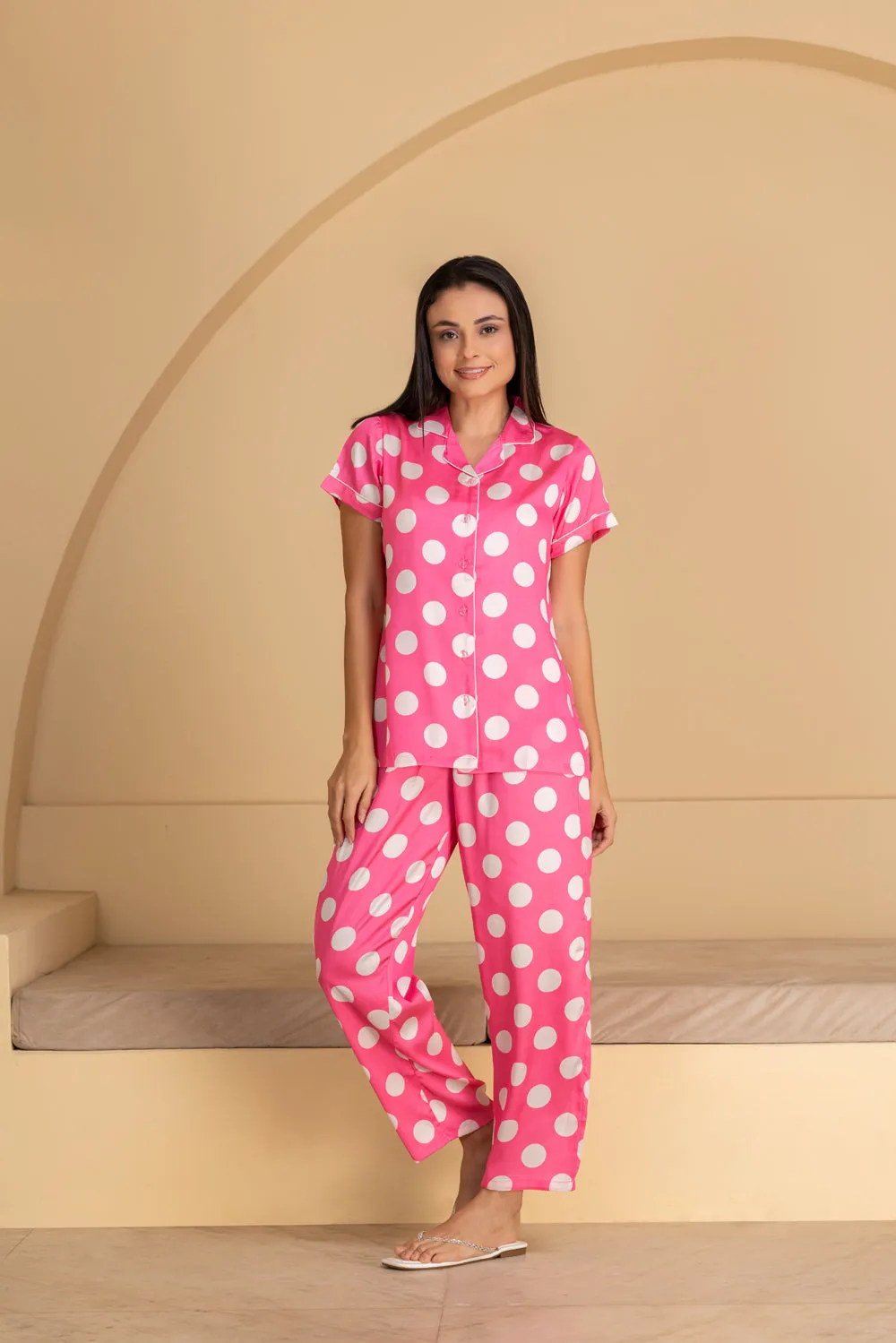 Pink polka Pj set in Soft satin