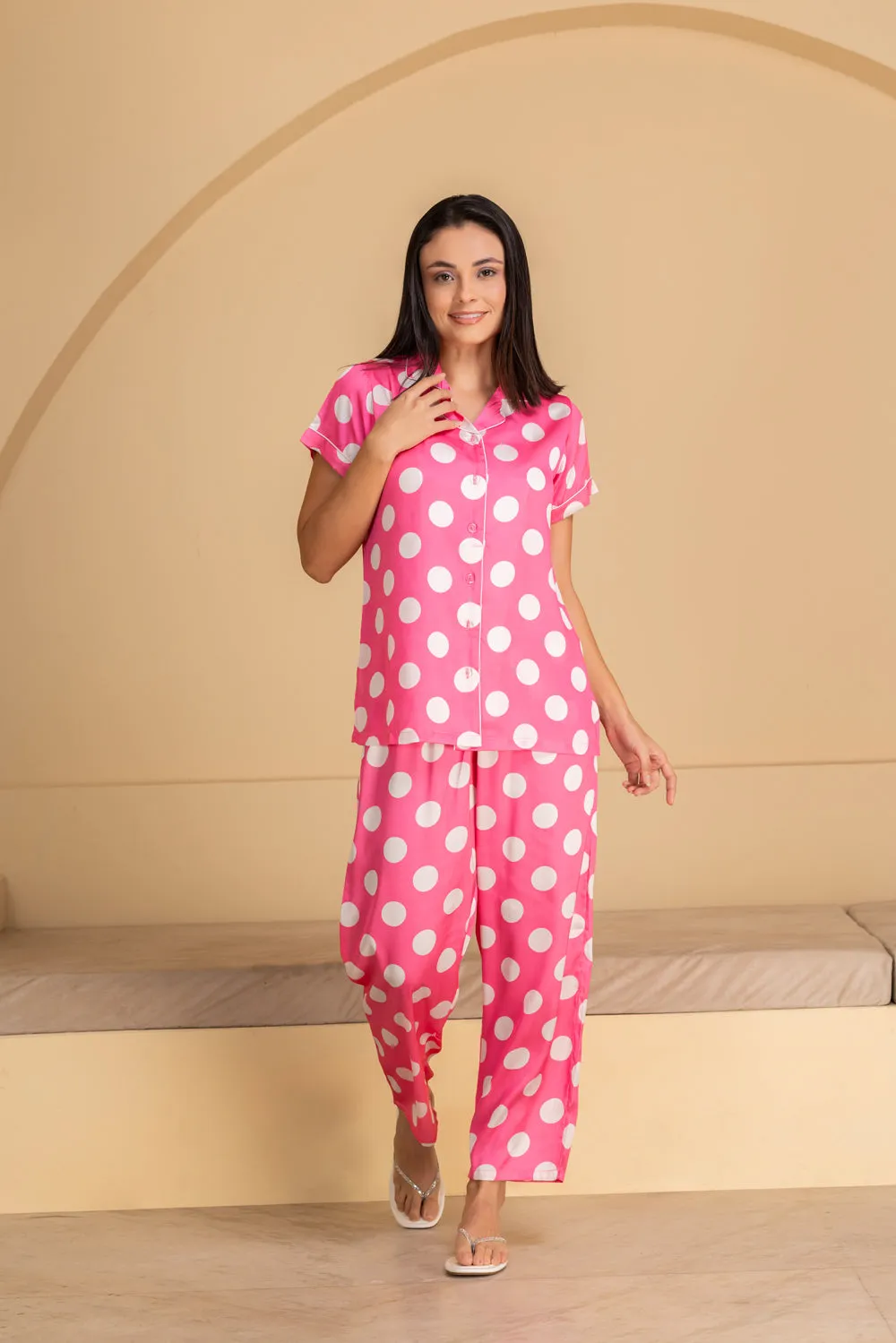 Pink polka Pj set in Soft satin