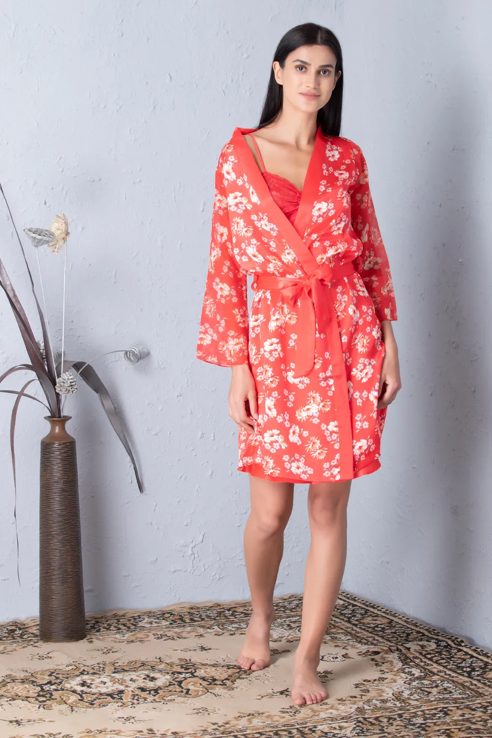 Printed Robe & plain nighty Nightgown set