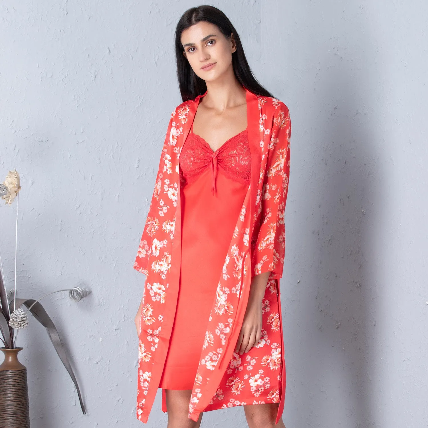 Printed Robe & plain nighty Nightgown set