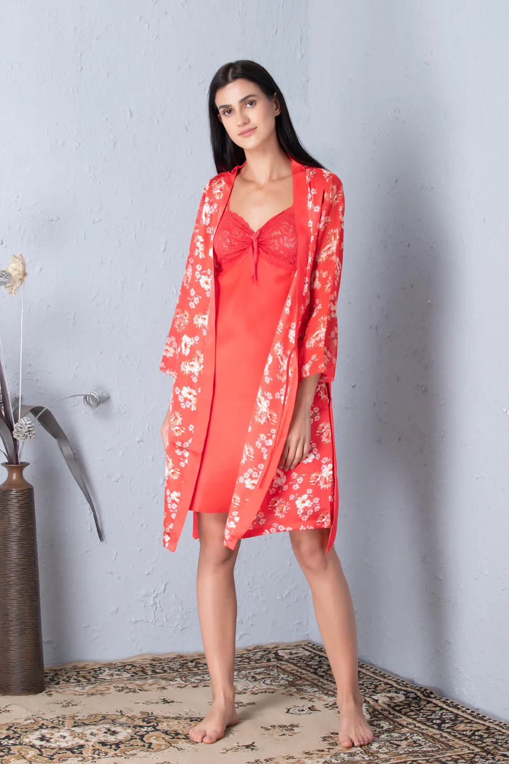 Printed Robe & plain nighty Nightgown set