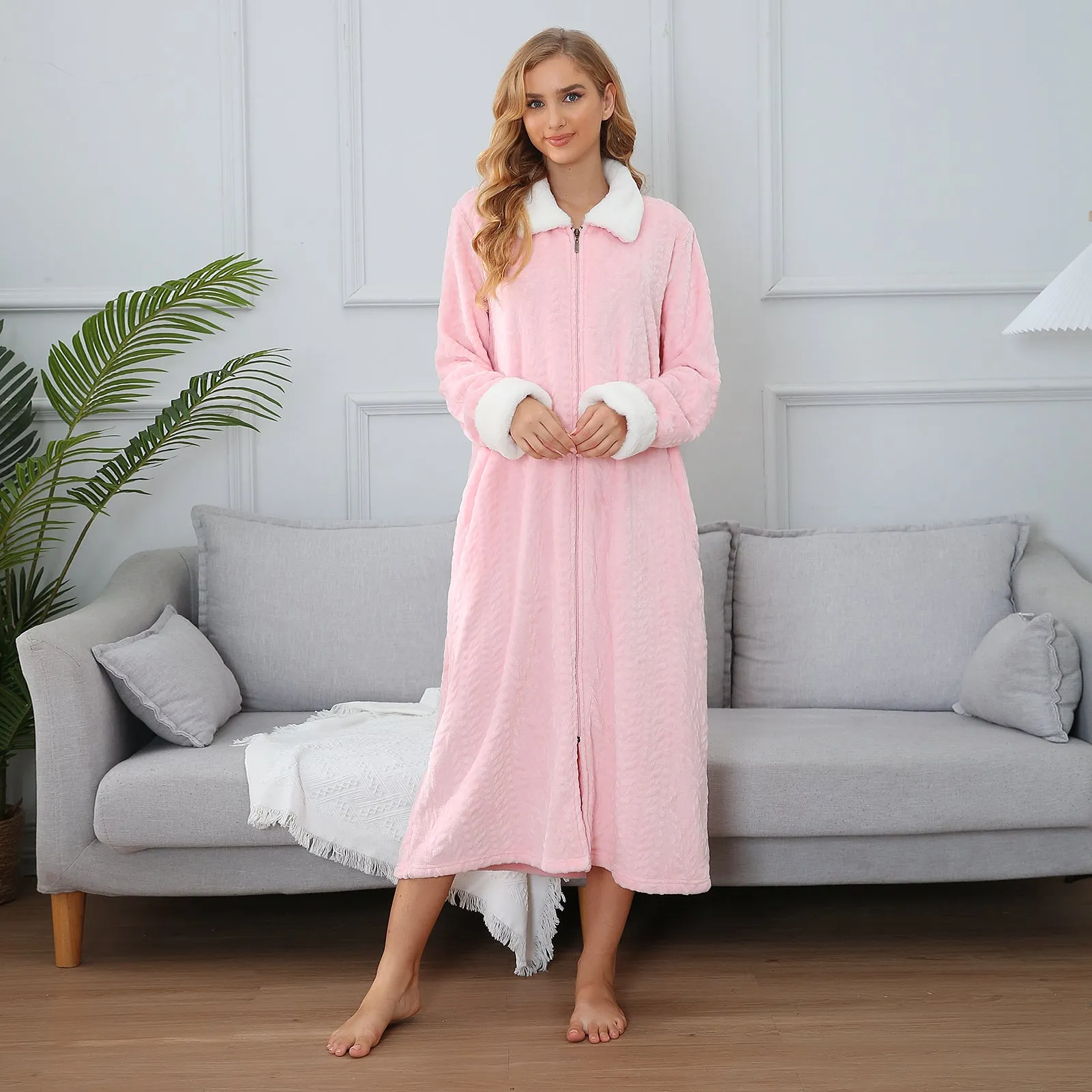 RH Women's Full Front Zip Up Fleece Robe, Casual Nights Housecoat Warm Oversize Bathrobe RHW4047