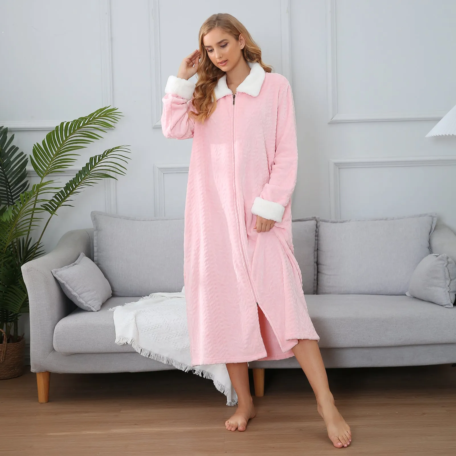 RH Women's Full Front Zip Up Fleece Robe, Casual Nights Housecoat Warm Oversize Bathrobe RHW4047