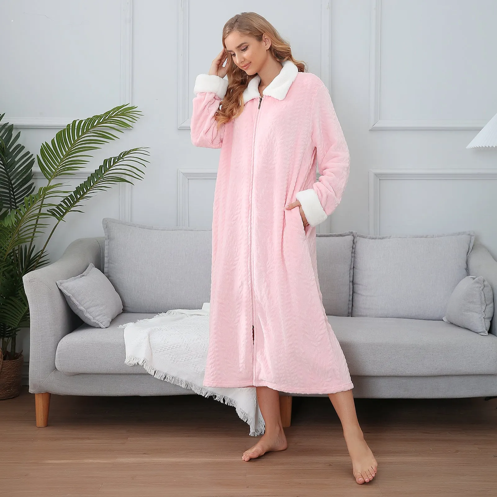 RH Women's Full Front Zip Up Fleece Robe, Casual Nights Housecoat Warm Oversize Bathrobe RHW4047