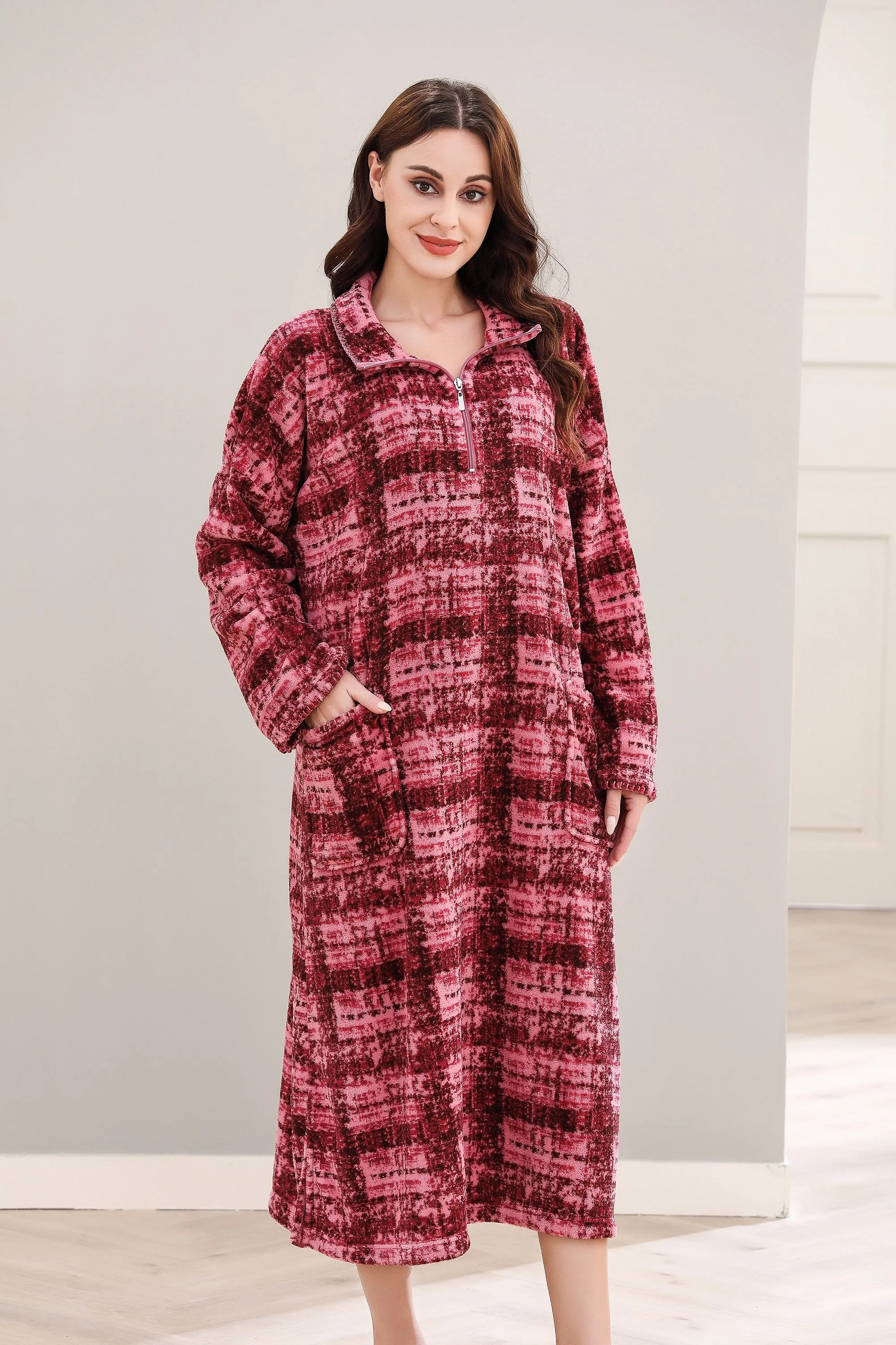 Richie House Women's Zip Front Printed Robe Long Housecoat with Pocket Nightgown S-3XL RHW4004