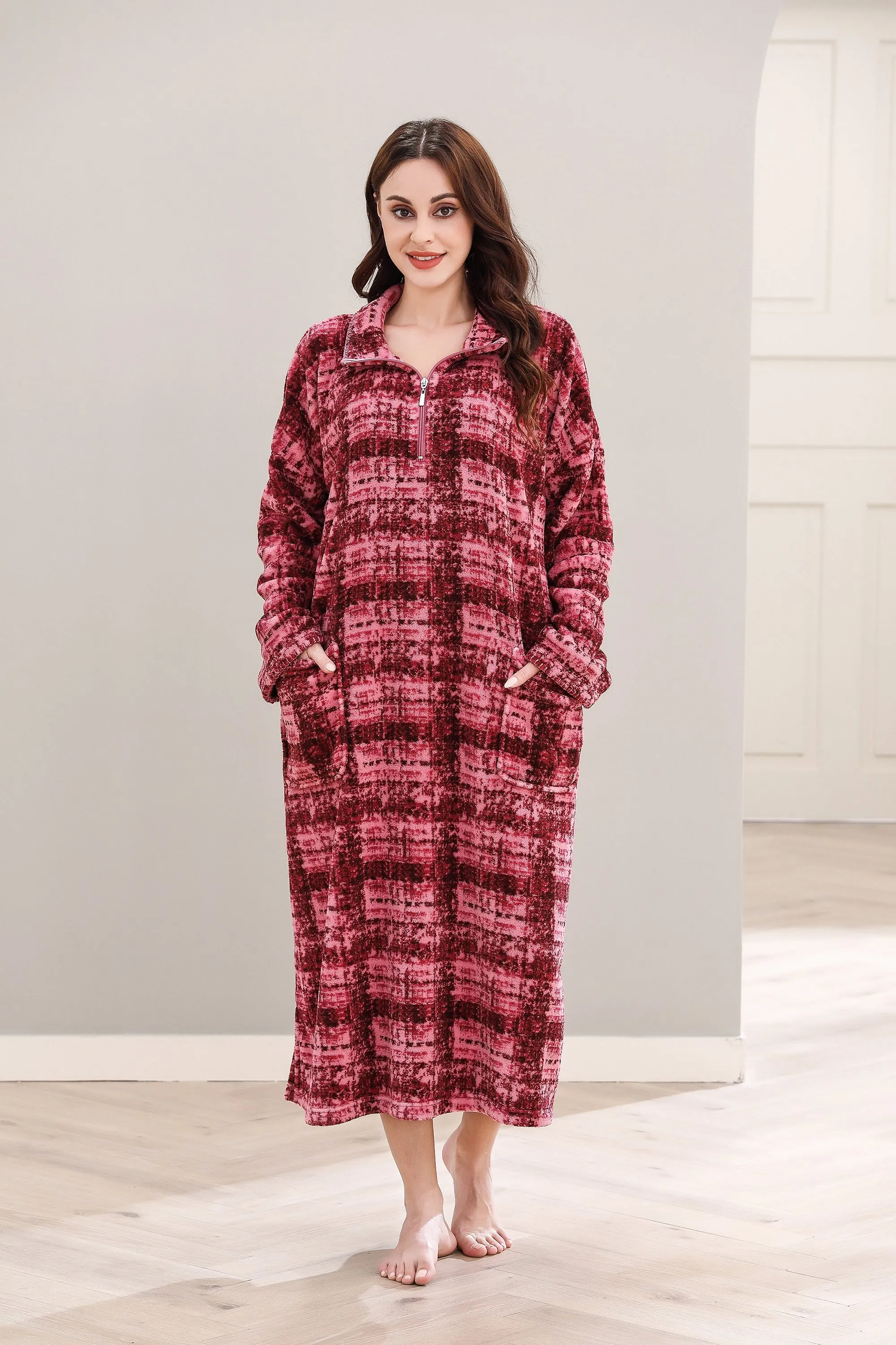 Richie House Women's Zip Front Printed Robe Long Housecoat with Pocket Nightgown S-3XL RHW4004