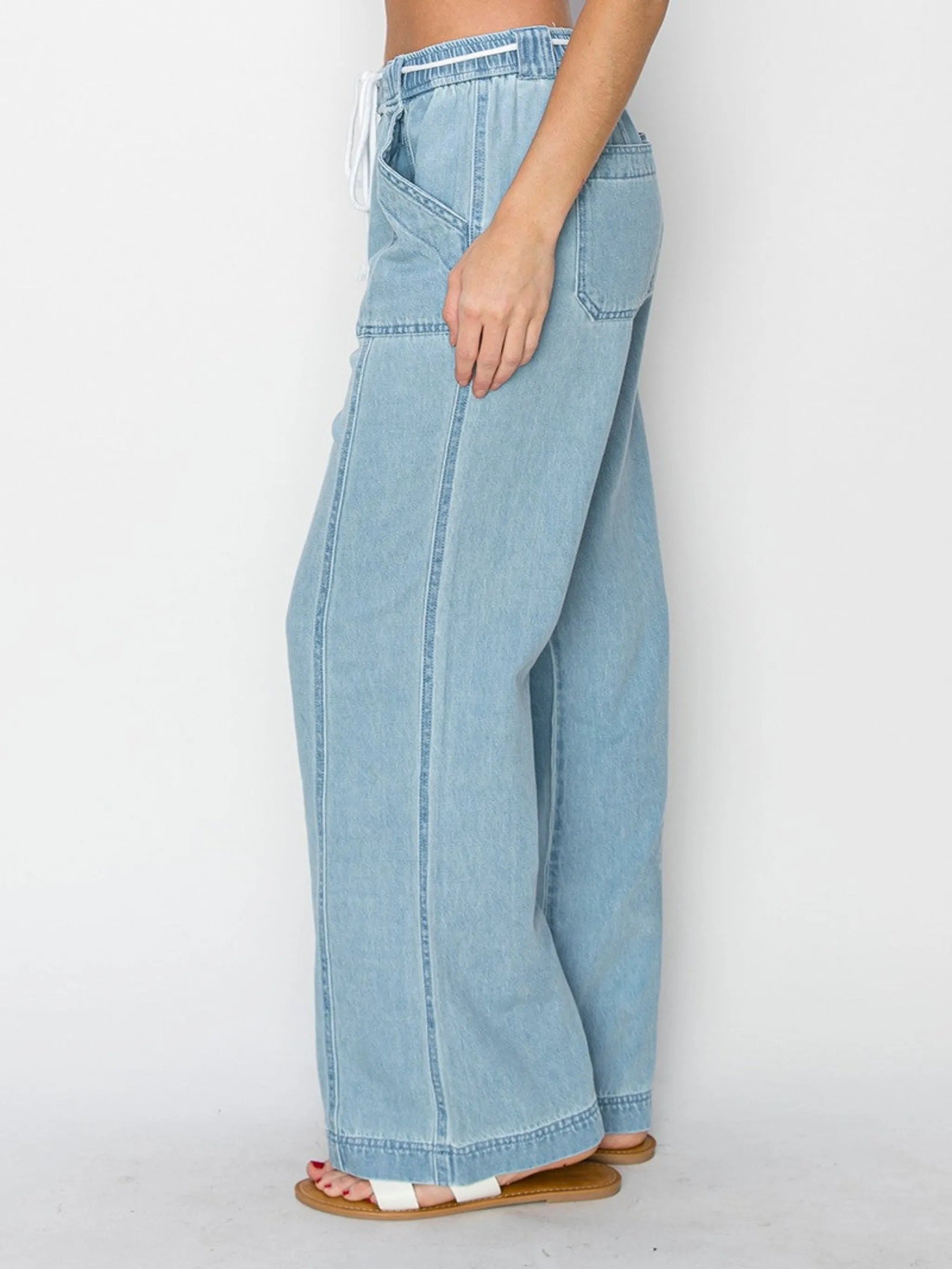 Risen High Rise Wide Leg Denim Pants - Medium Wash