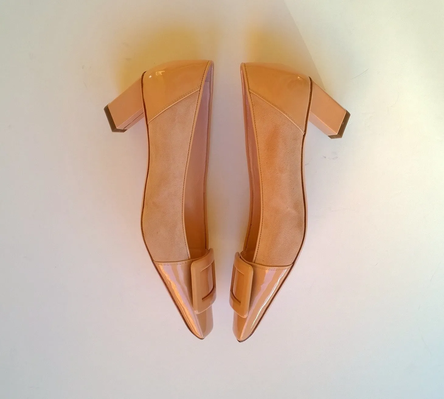 Roger Vivier Belle Vivier Sand Beige Nude Suede and Patent 45 Heels