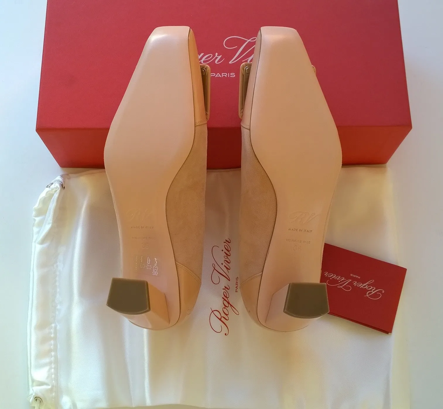 Roger Vivier Belle Vivier Sand Beige Nude Suede and Patent 45 Heels