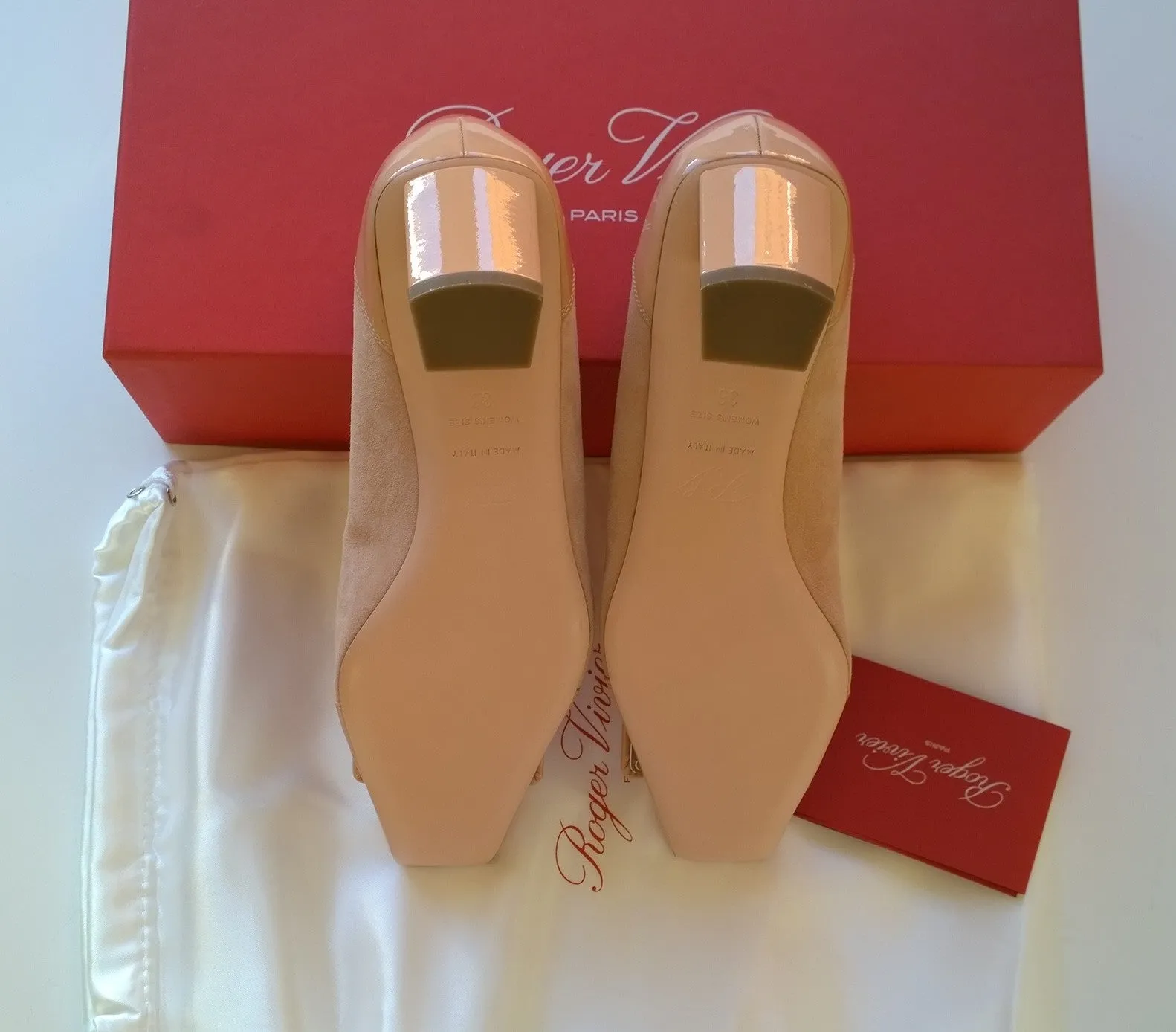 Roger Vivier Belle Vivier Sand Beige Nude Suede and Patent 45 Heels