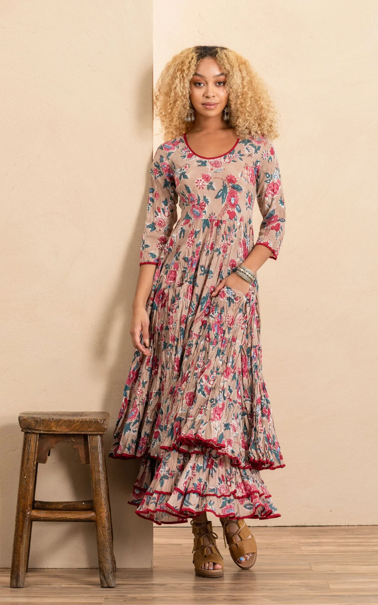 Santa Fe Dress, Long, 3/4 Sleeve, Desert Bloom