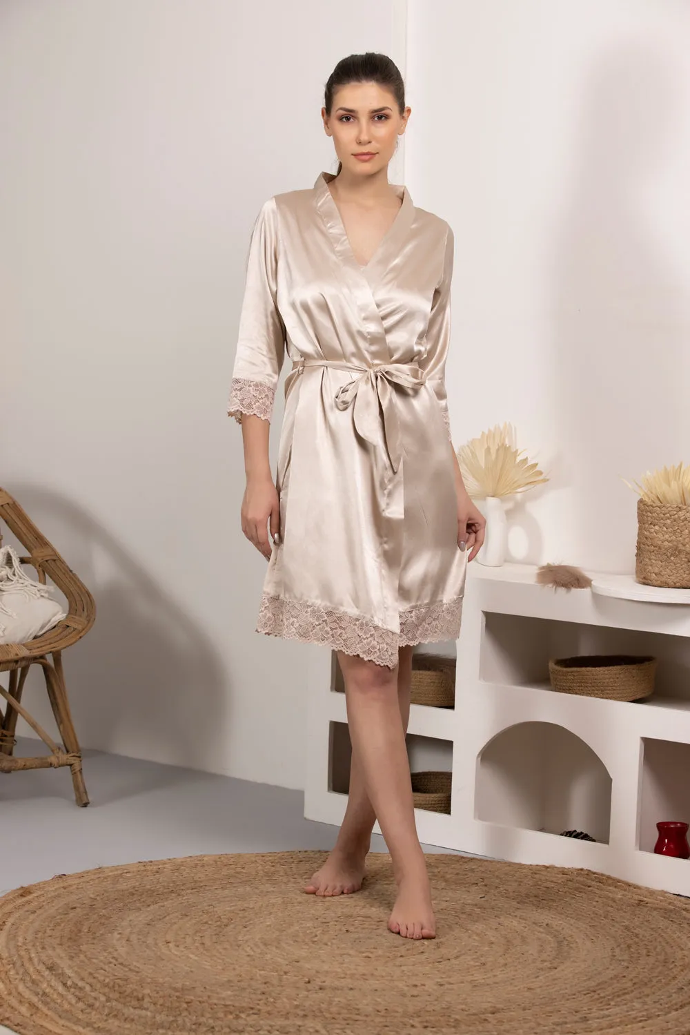 Satin Nightgown set in Beige with lace detail