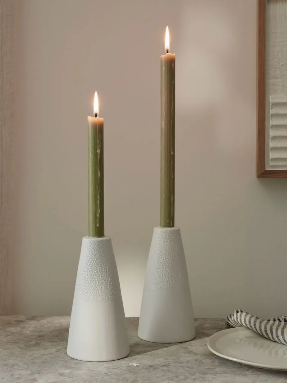 Set of 2 Textured White Candle Holder Tall