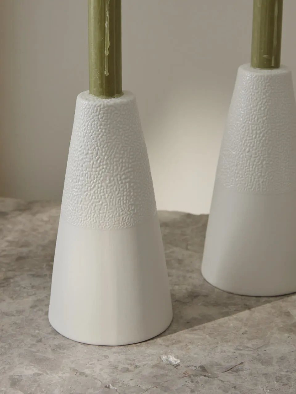 Set of 2 Textured White Candle Holder Tall