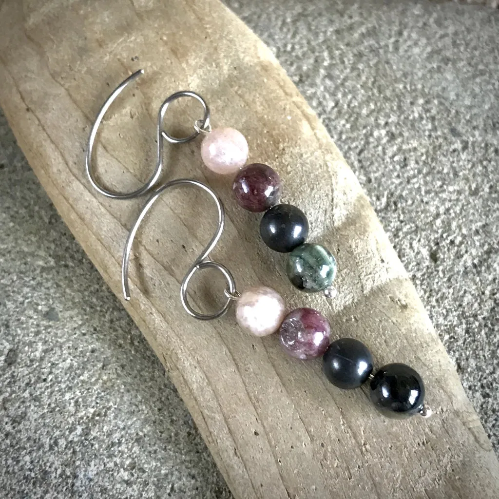 Shungite, Tourmaline, & Peach Moonstone Earrings, Emotional Balance