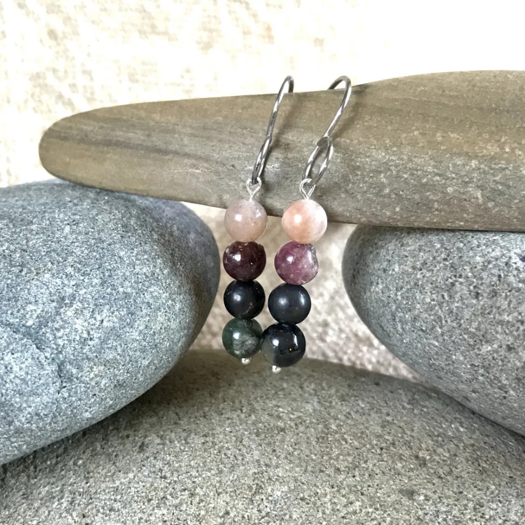 Shungite, Tourmaline, & Peach Moonstone Earrings, Emotional Balance