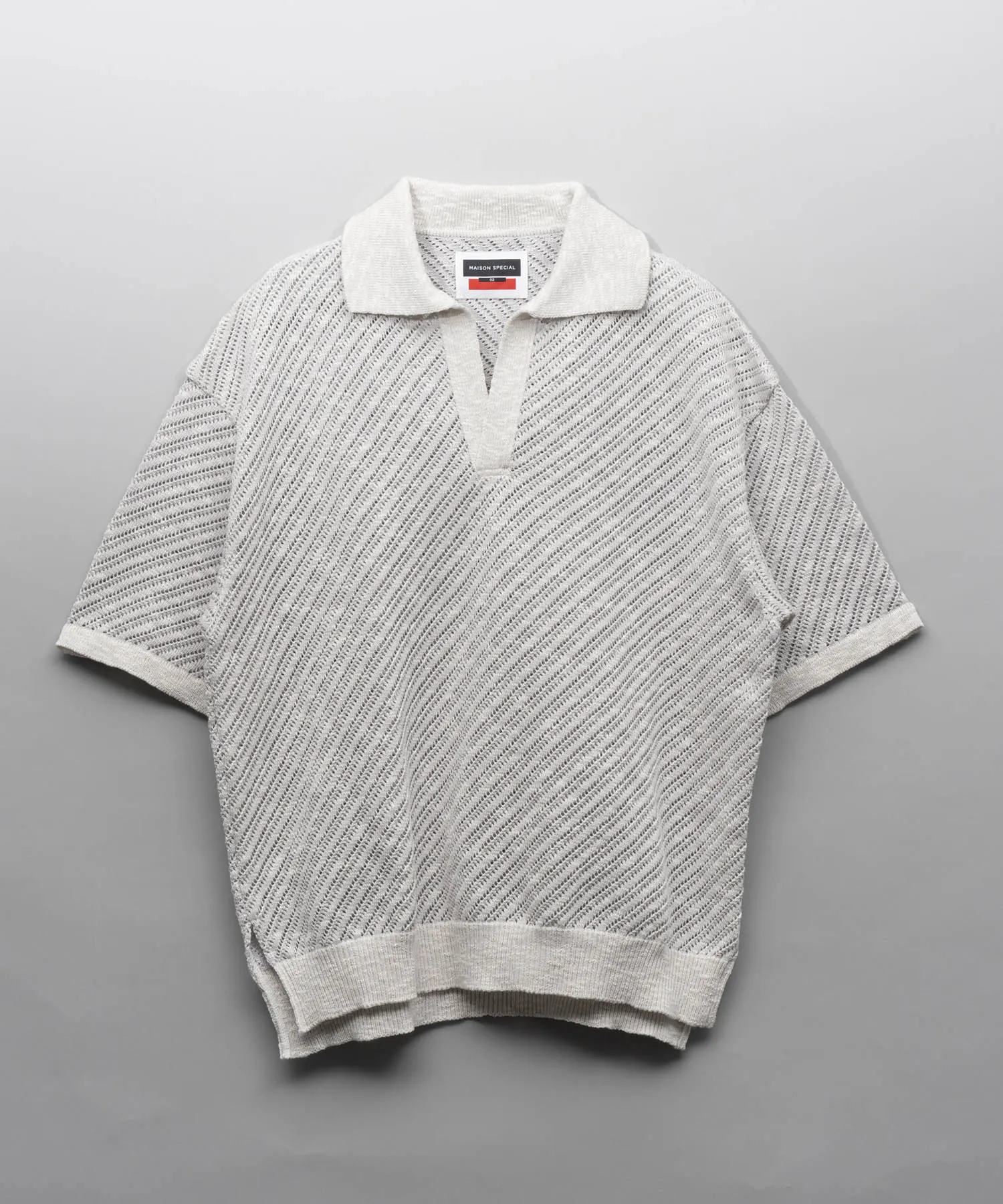 Slub Yarn Bias Mesh Prime-Over Short Sleeve Skipper Knit Polo Shirt