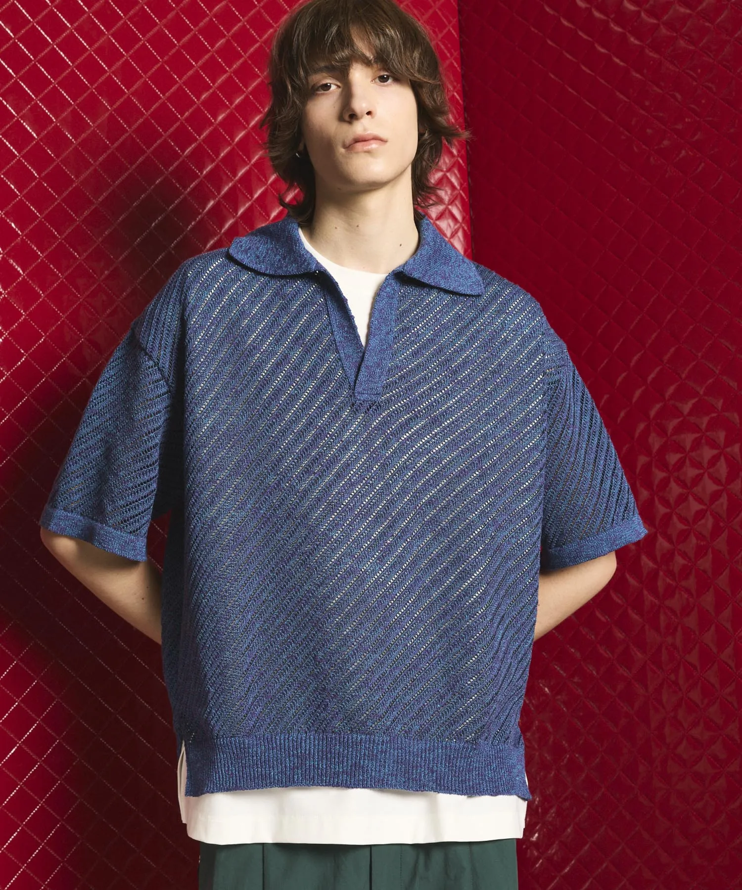 Slub Yarn Bias Mesh Prime-Over Short Sleeve Skipper Knit Polo Shirt