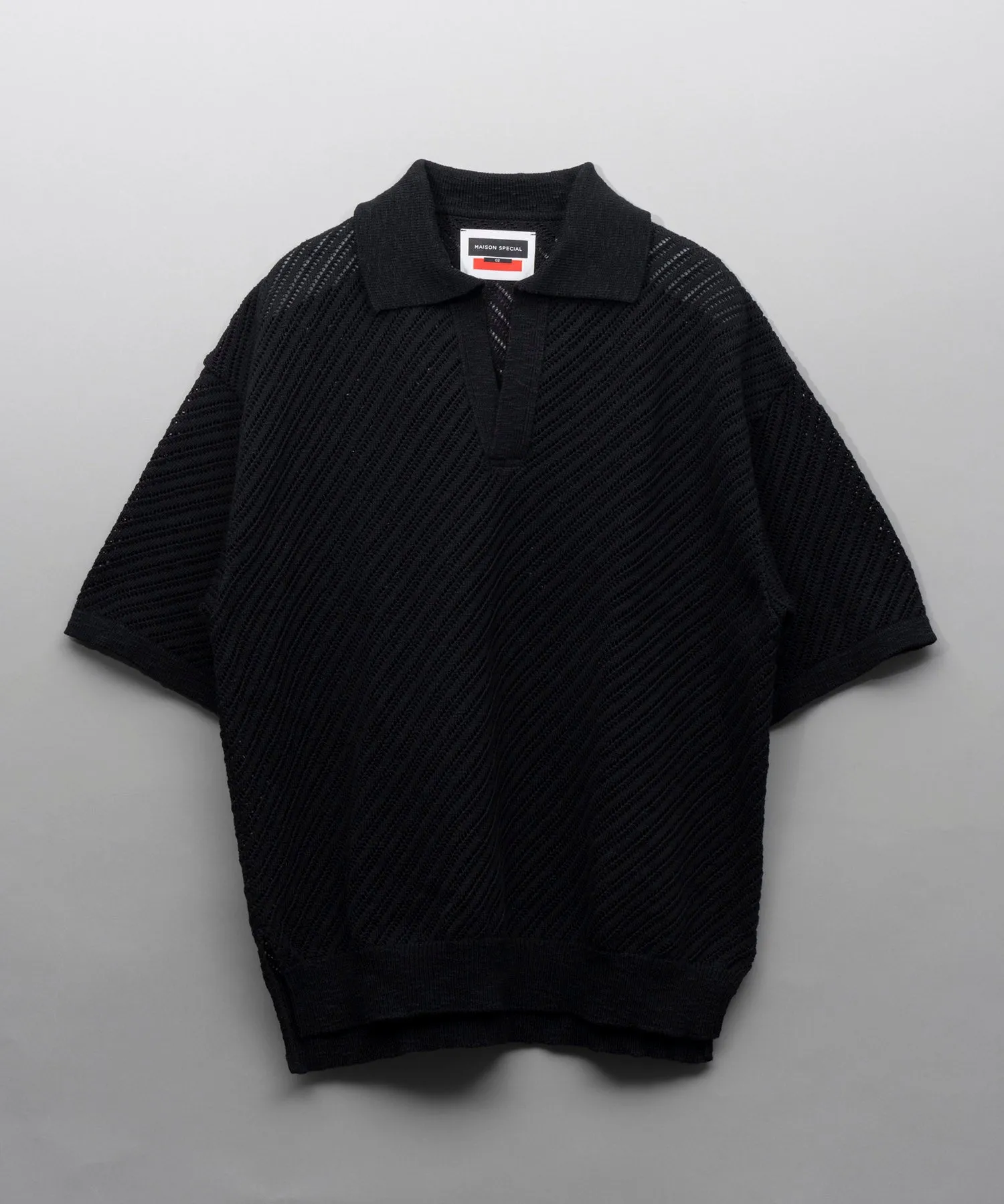 Slub Yarn Bias Mesh Prime-Over Short Sleeve Skipper Knit Polo Shirt