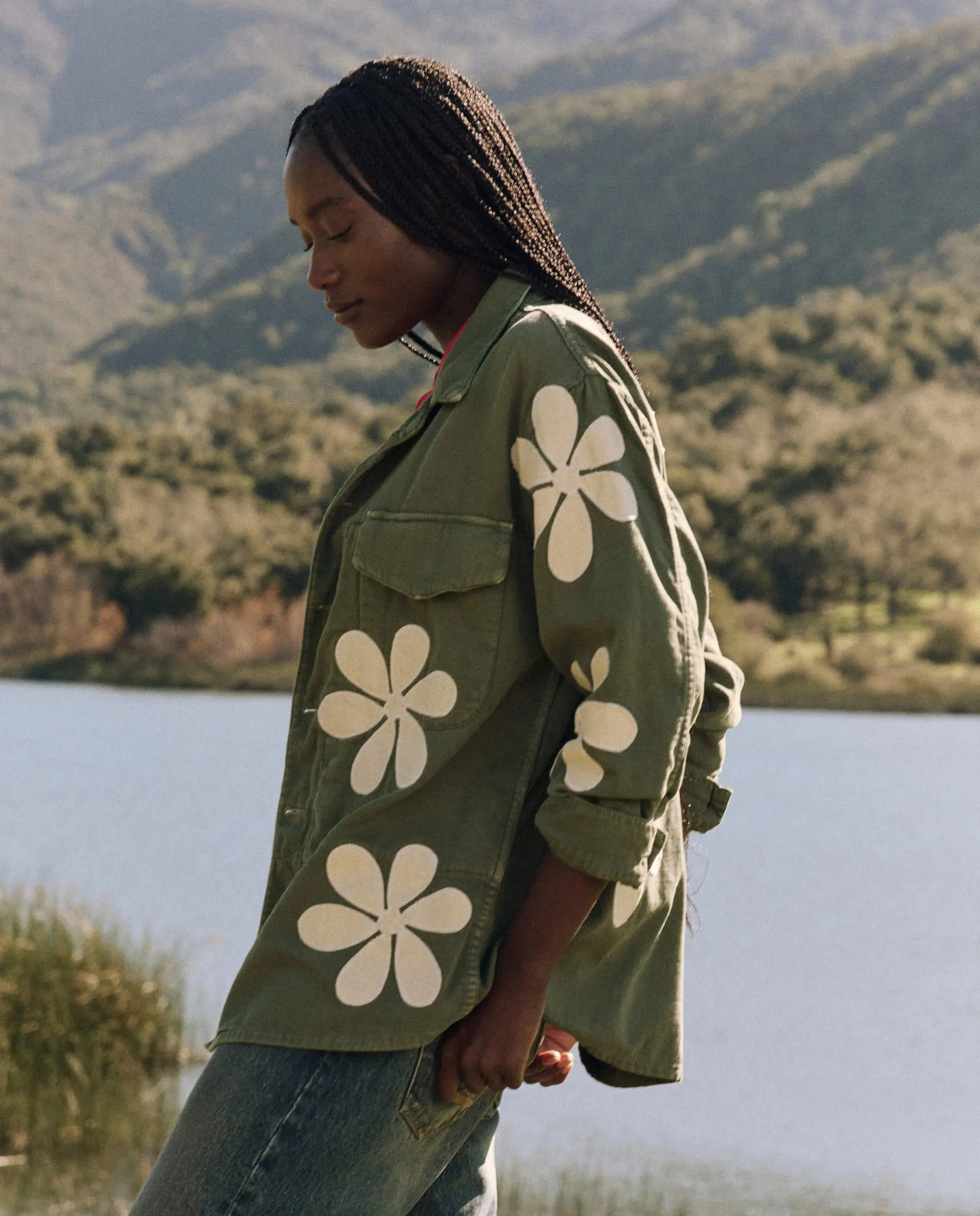 The Vintage Army Jacket with Daisy Applique. -- Classic Army