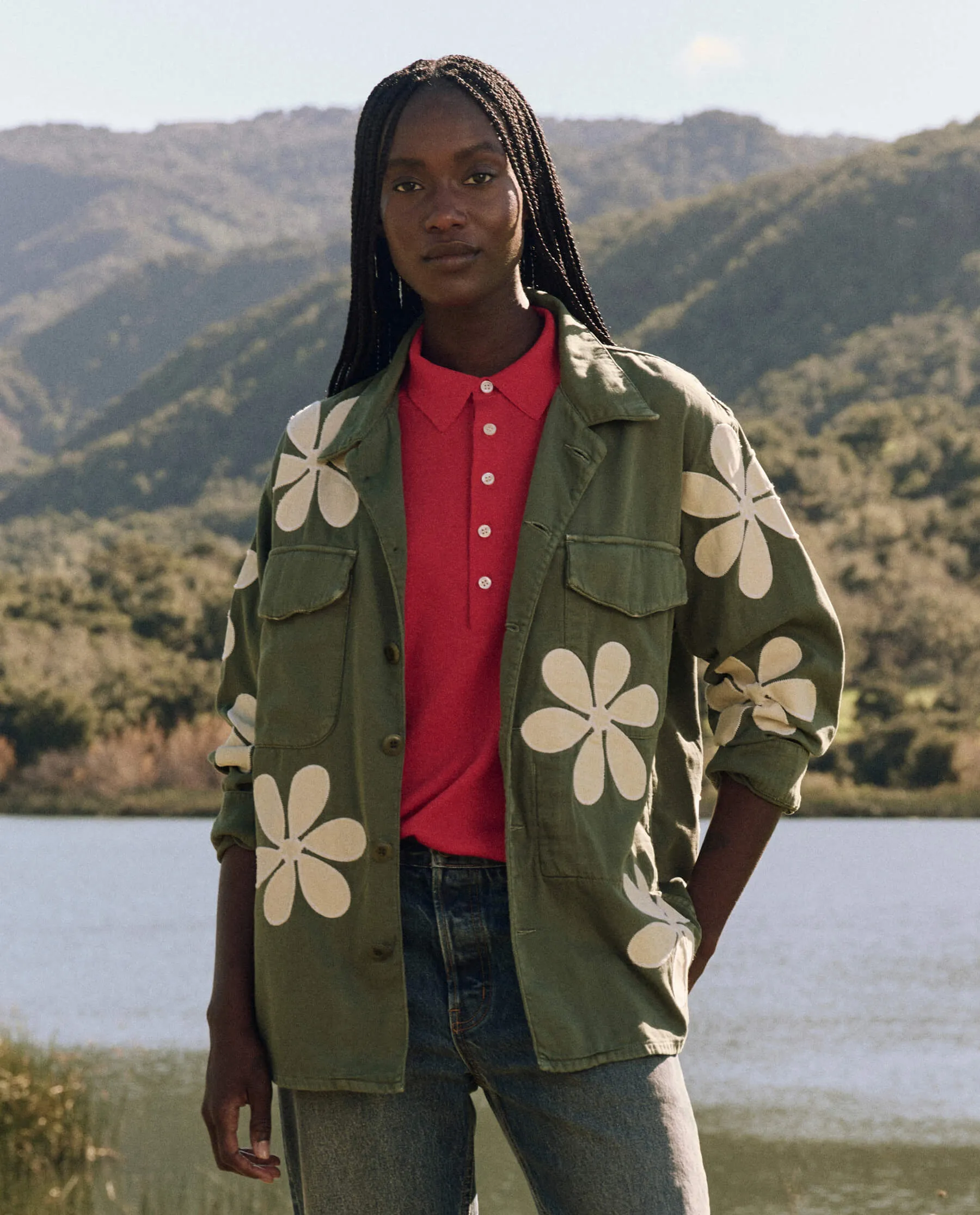 The Vintage Army Jacket with Daisy Applique. -- Classic Army