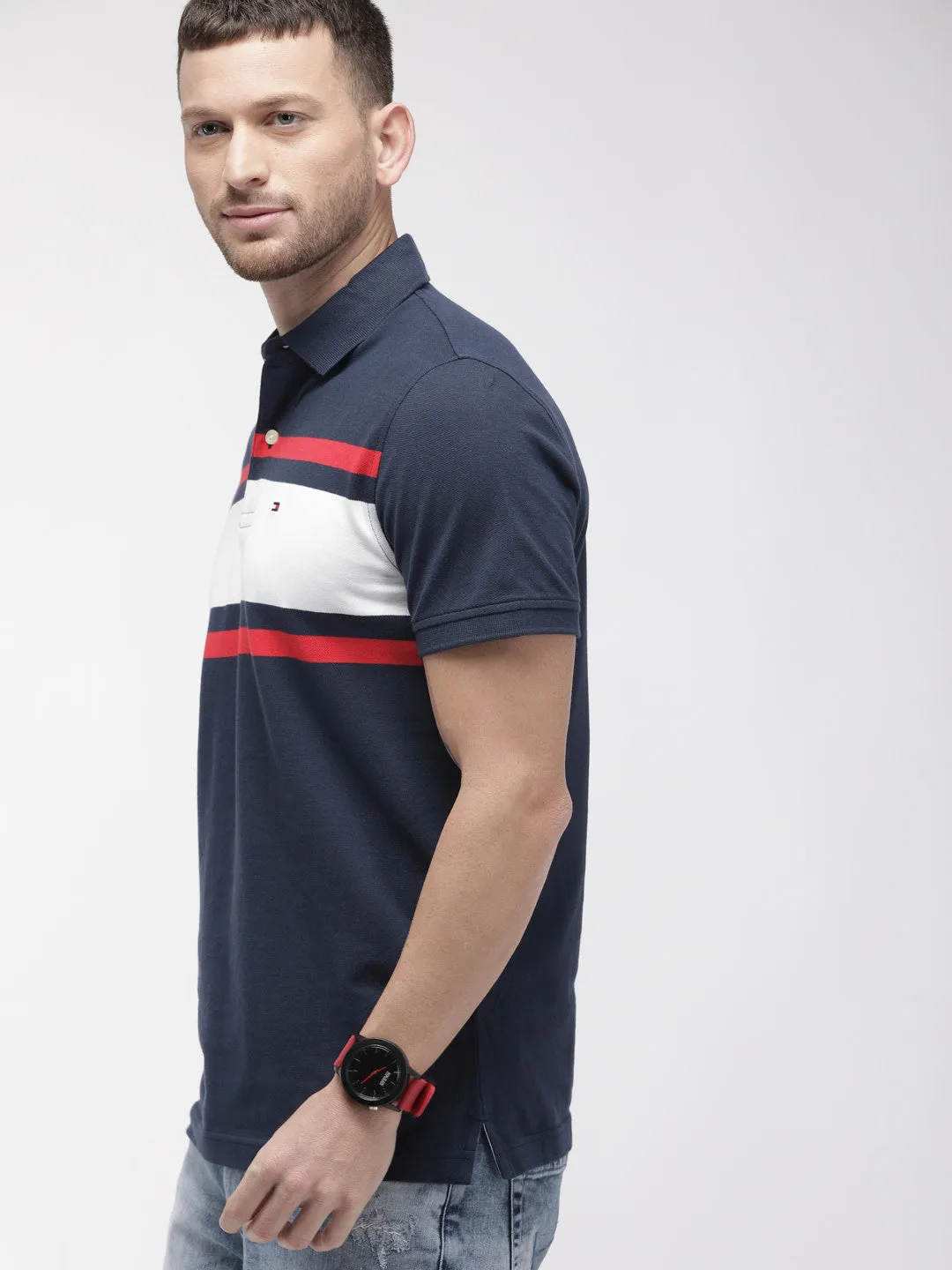 Tommy Hilfiger Men Navy Blue & White Slim Fit T-shirt