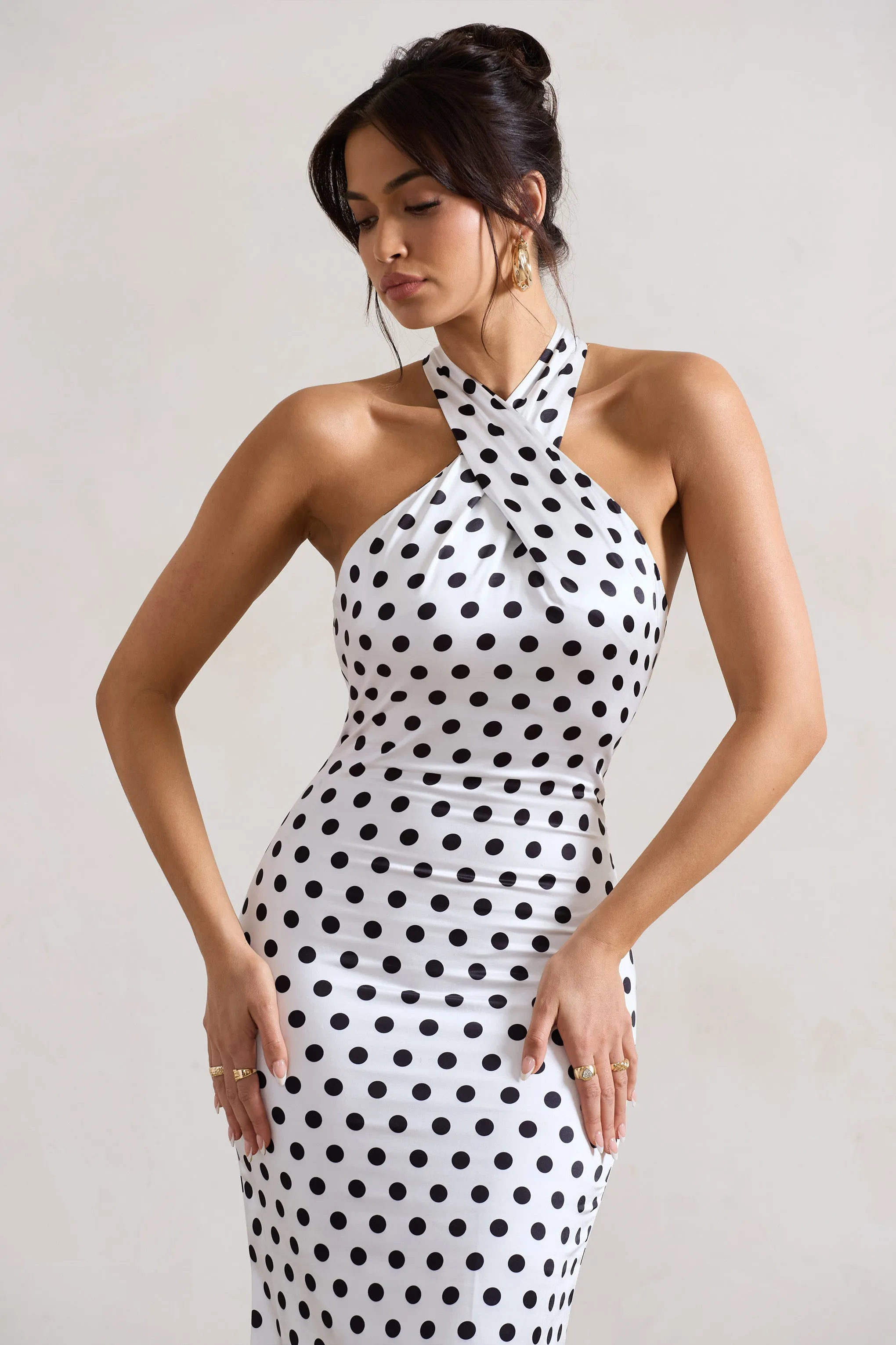 Unstoppable | White Polka Dot Satin Cross Over Halter Neck Maxi Dress