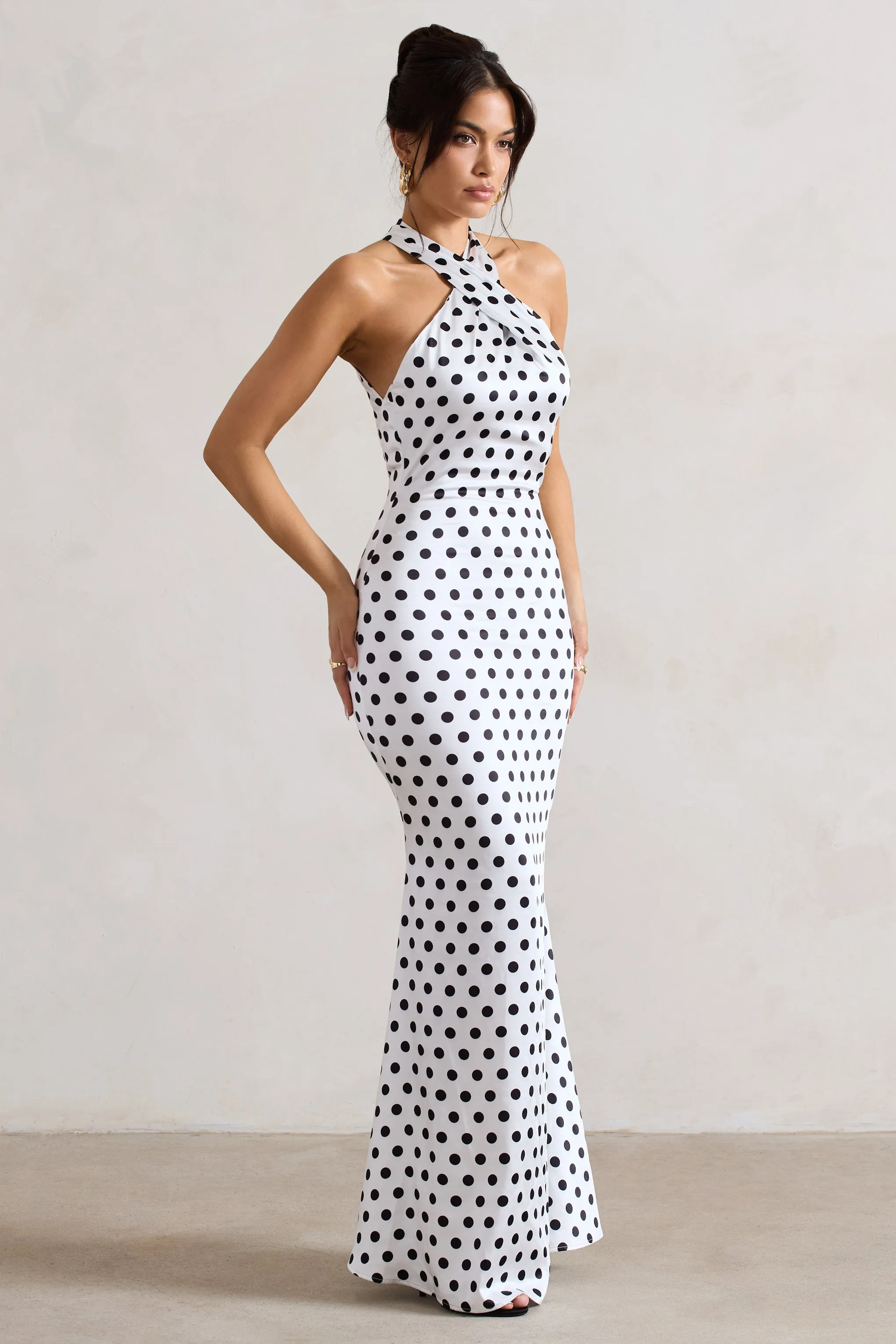 Unstoppable | White Polka Dot Satin Cross Over Halter Neck Maxi Dress