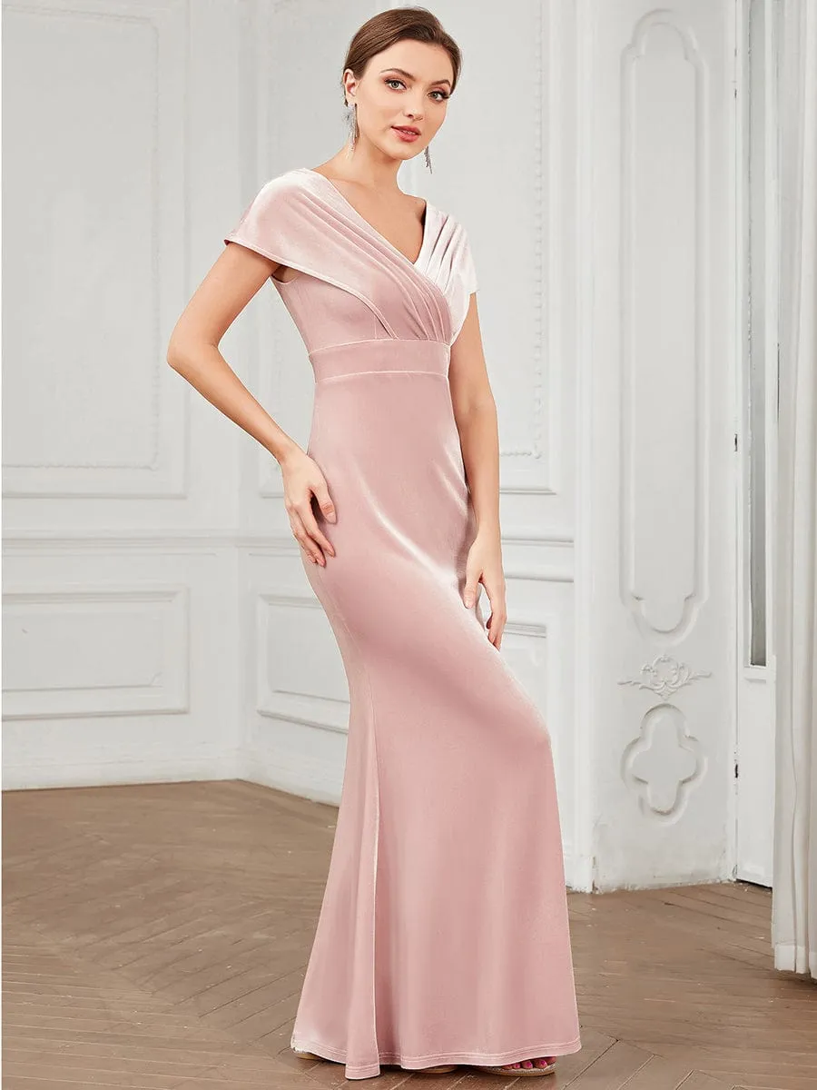 Velvet Pleated V-Neck Cap Sleeve Evening Dress