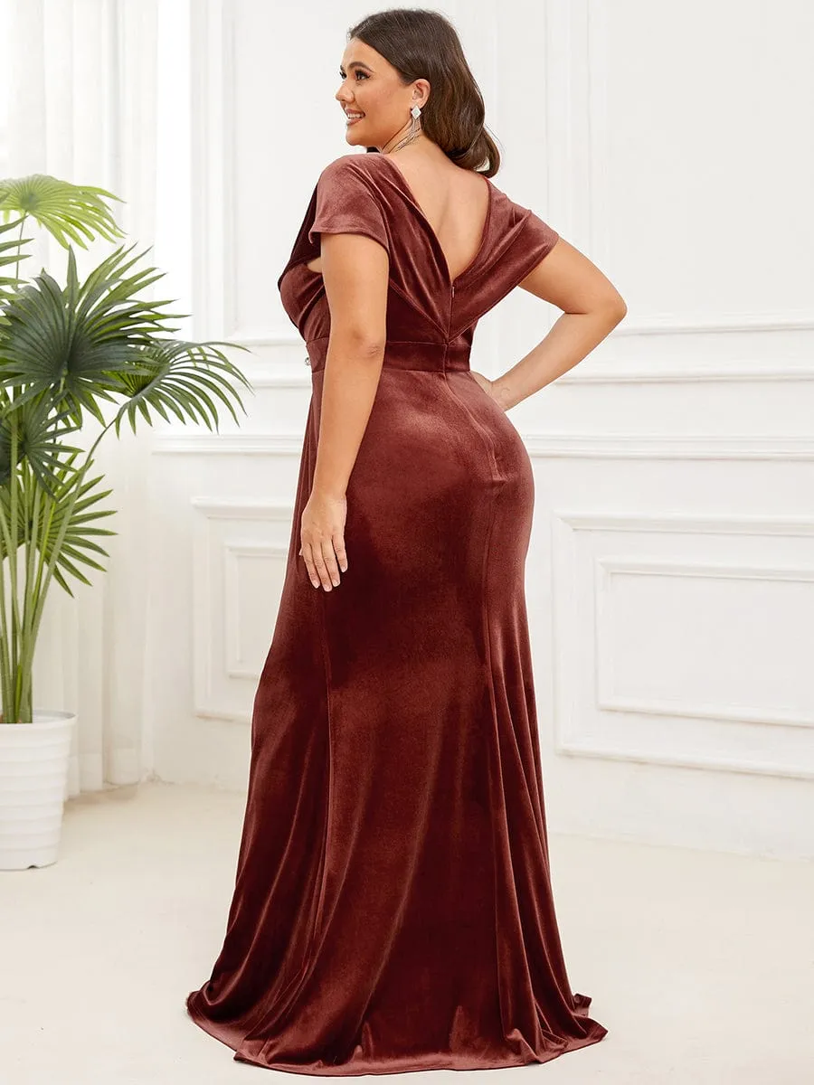 Velvet Pleated V-Neck Cap Sleeve Evening Dress