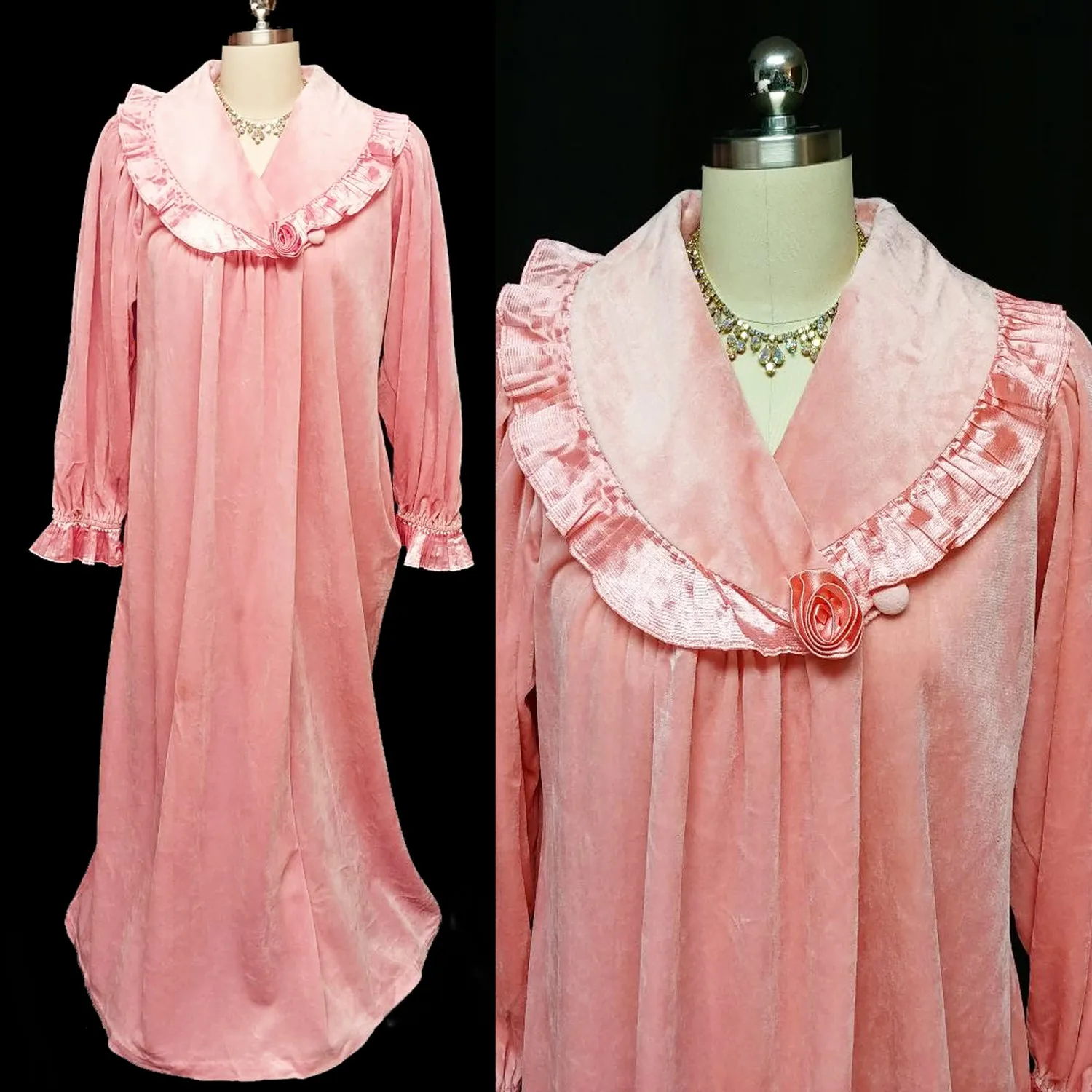 *VINTAGE GILLIGAN O'MALLEY DRESSING GOWN LOUNGER ROBE ADORNED WITH SATINY PLEATS & A FABRIC ROSE