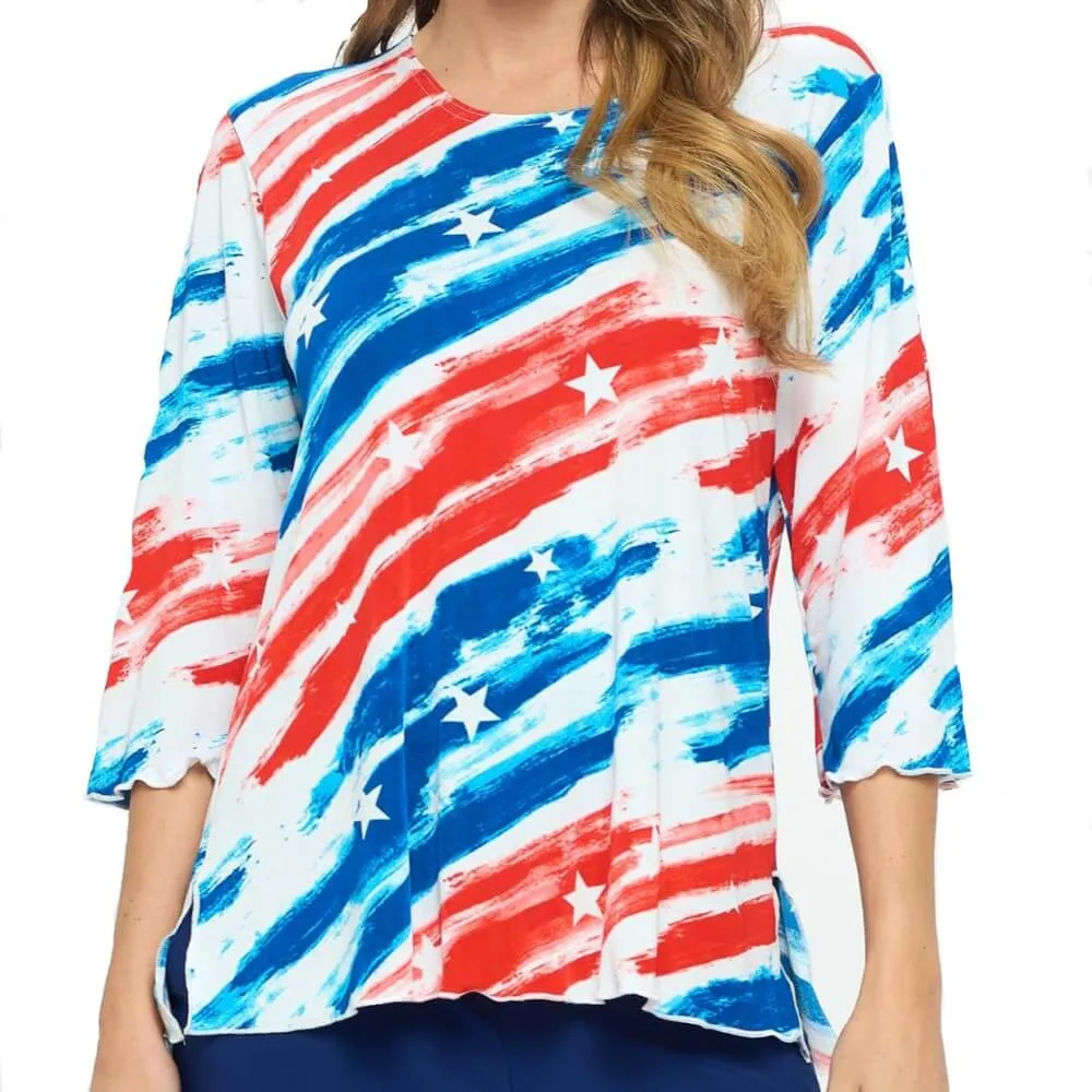 Women's Made in USA Paintbrush Stars and Stripes 3/4 Sleeve Top